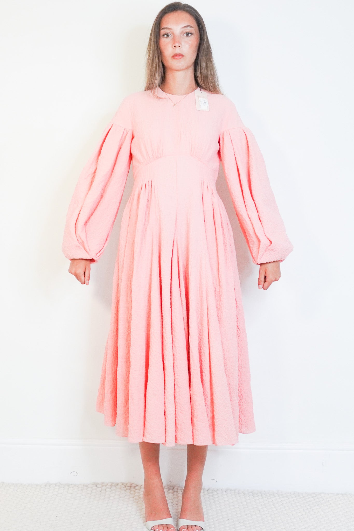 Front image of the NEW Emilia Wickstead Pink Cotton Cloqué Midi Dress Chelsea London