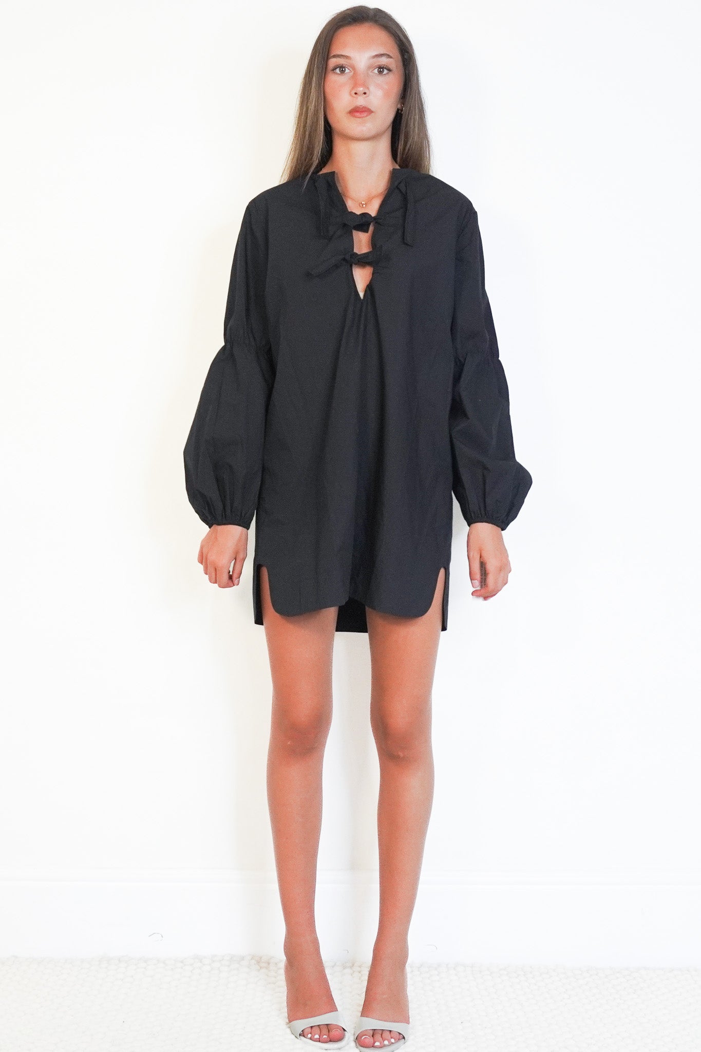 Front image of the NEW Ganni Black Tie-Neck Mini Dress Chelsea London