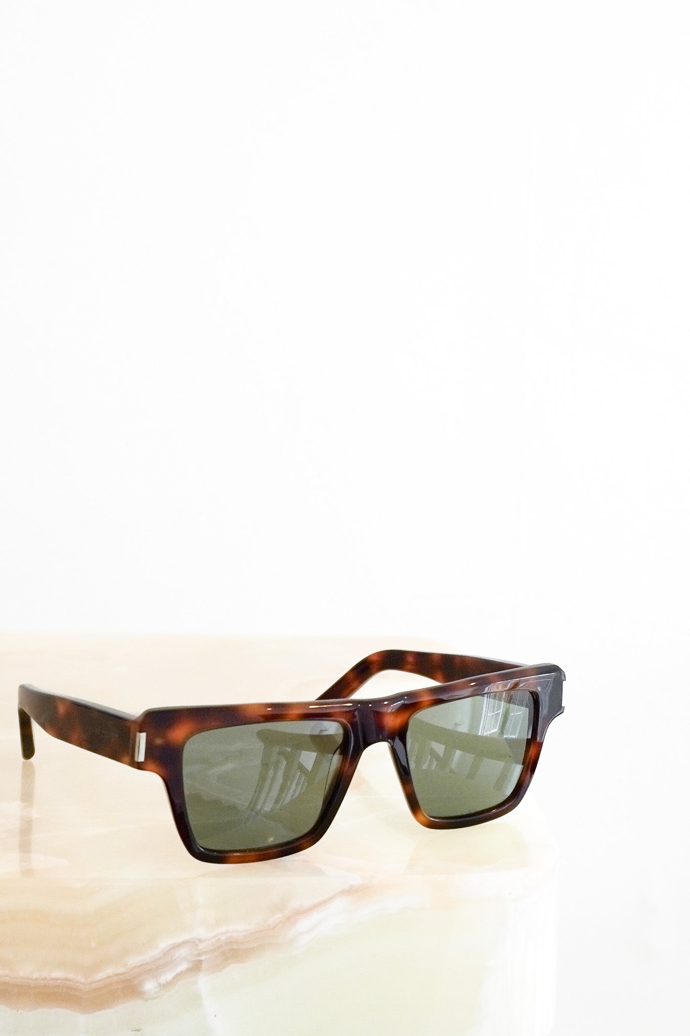Front image of the Saint Laurent SL 469 Tortoiseshell Square Sunglasses Chelsea London