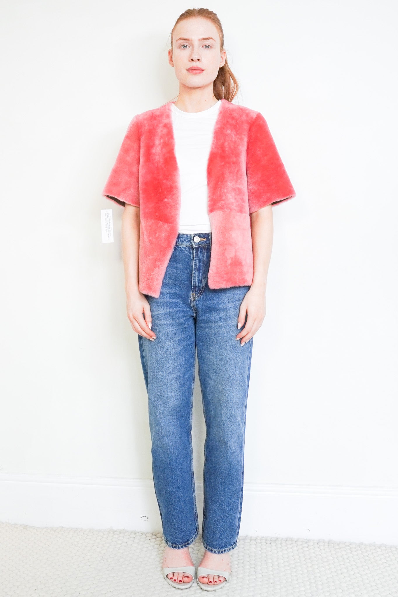 Front image of the Stone and Waisted Jeanette Pink Shearling Jacket  Chelsea London