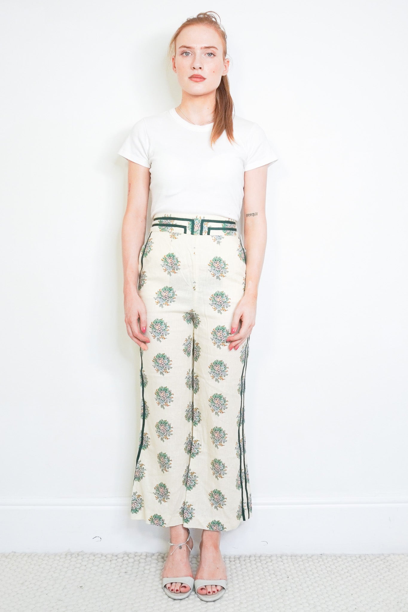 Front image of the Zimmermann Floral Linen Trousers Chelsea London