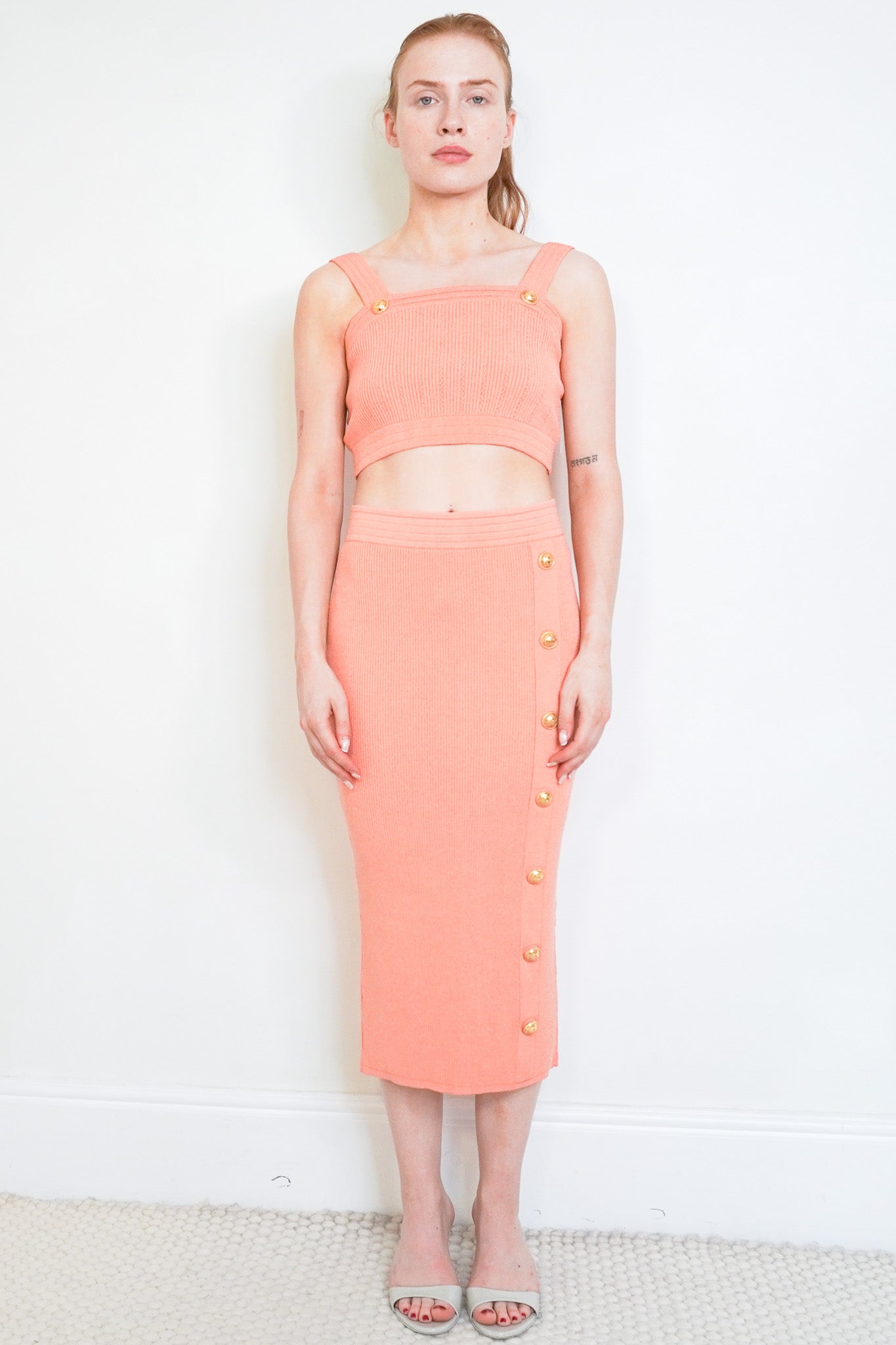 Front photo of the Balmain Coral Knit Skirt and Top Set Chelsea London
