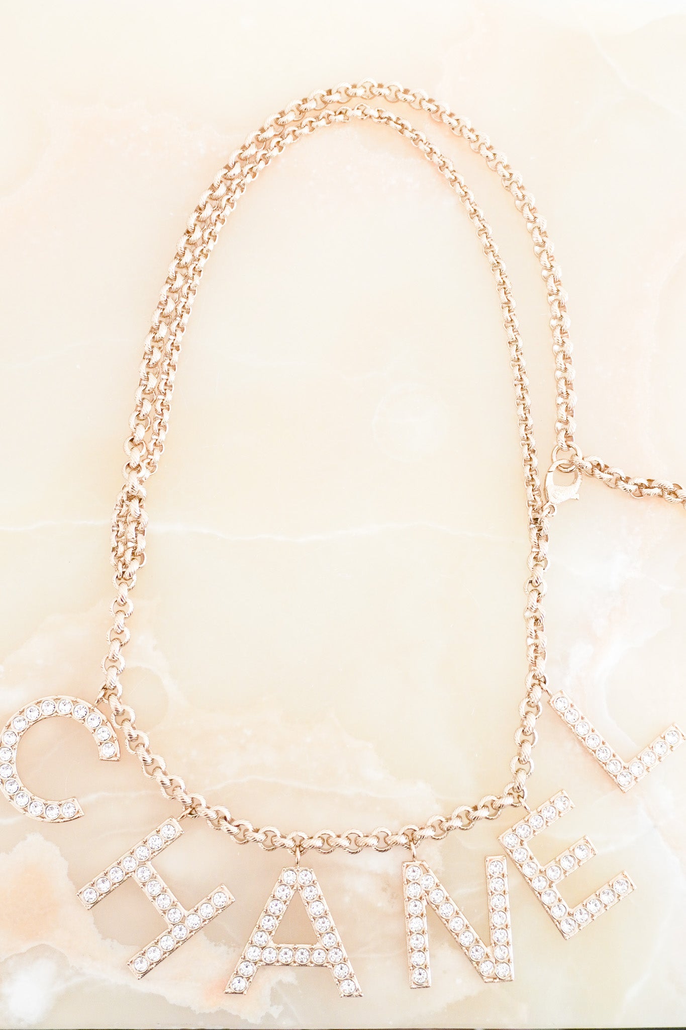 Front photo of the Chanel Crystal of Lights Chain Belt Chelsea London