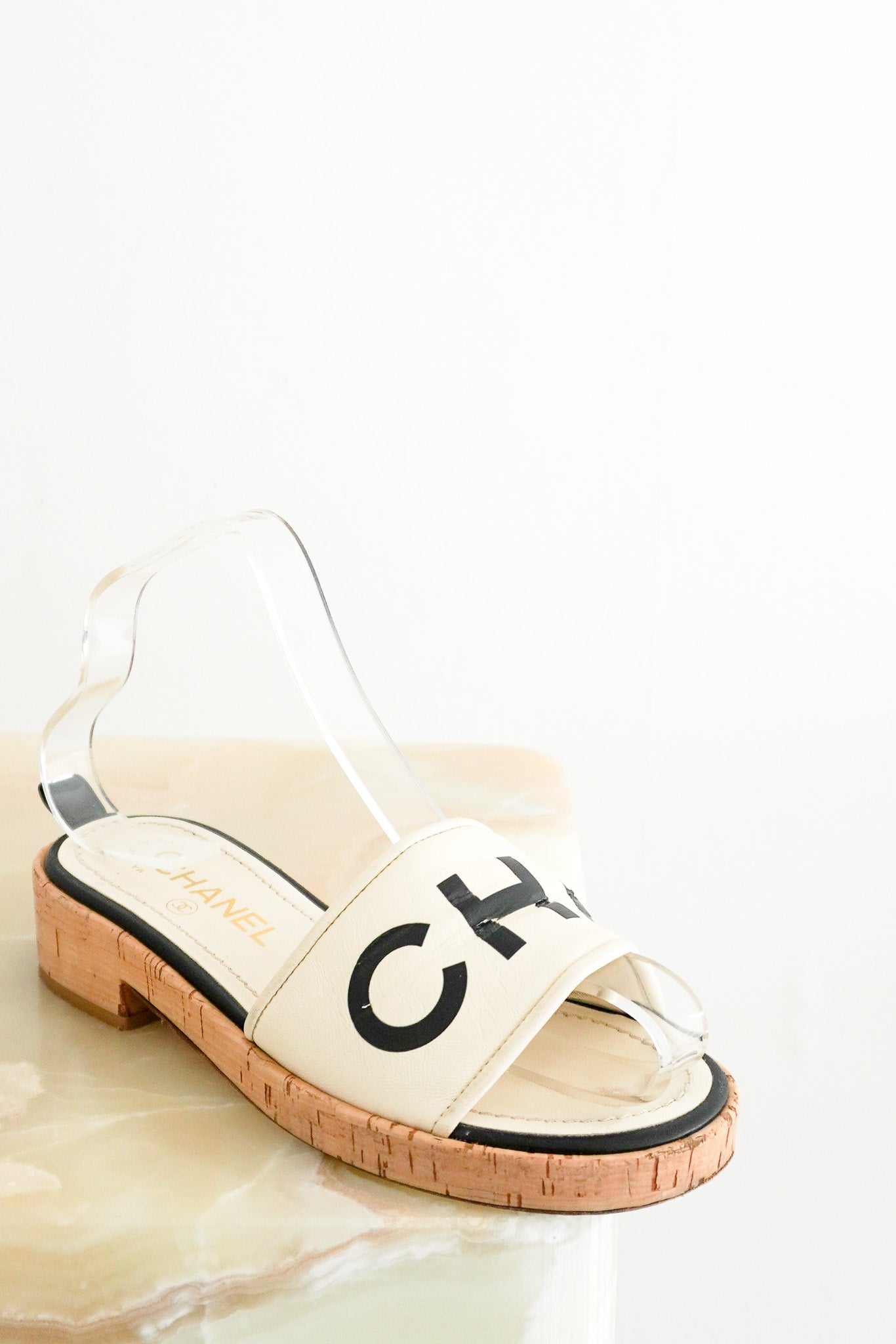  Front photo of the Chanel Logo Cork Sandals Chelea London