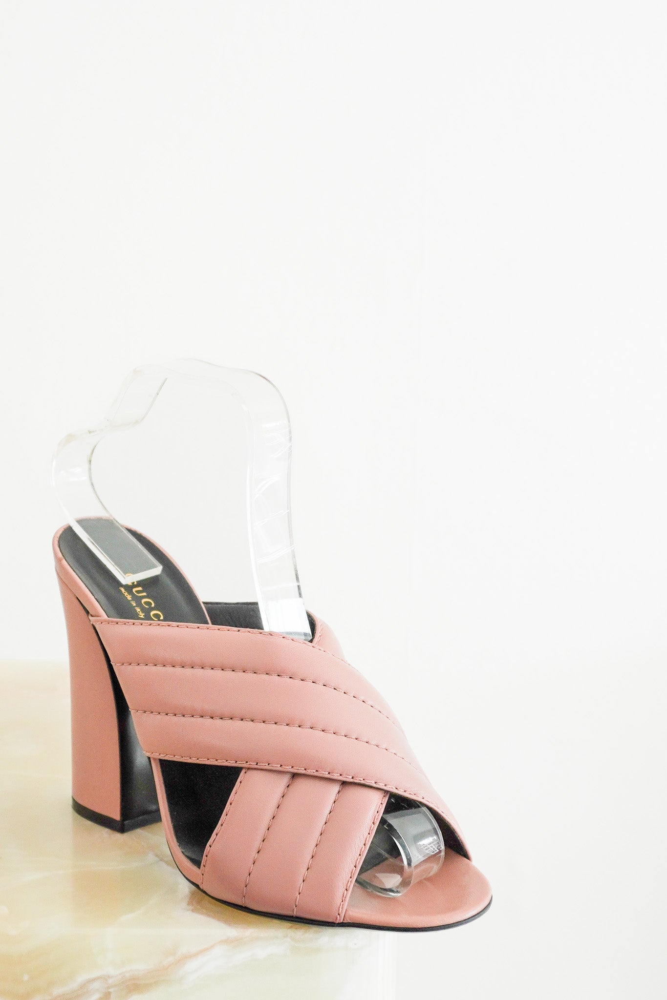 Front photo of the Gucci Carmie Heeled Sandals Chelsea london