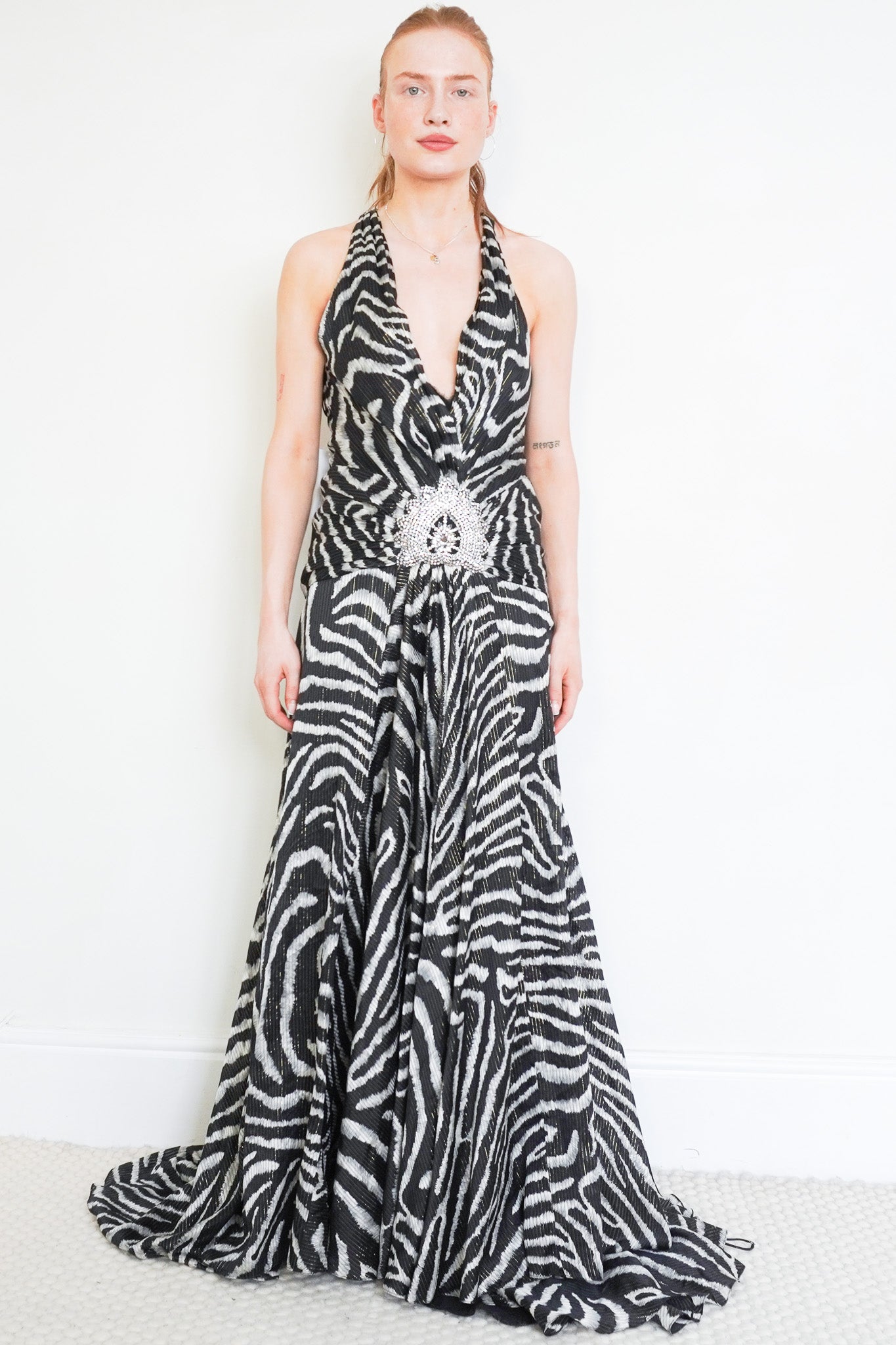 Front photo of the Jenny Packham Evening Gown in Zebra Print Chelsea London