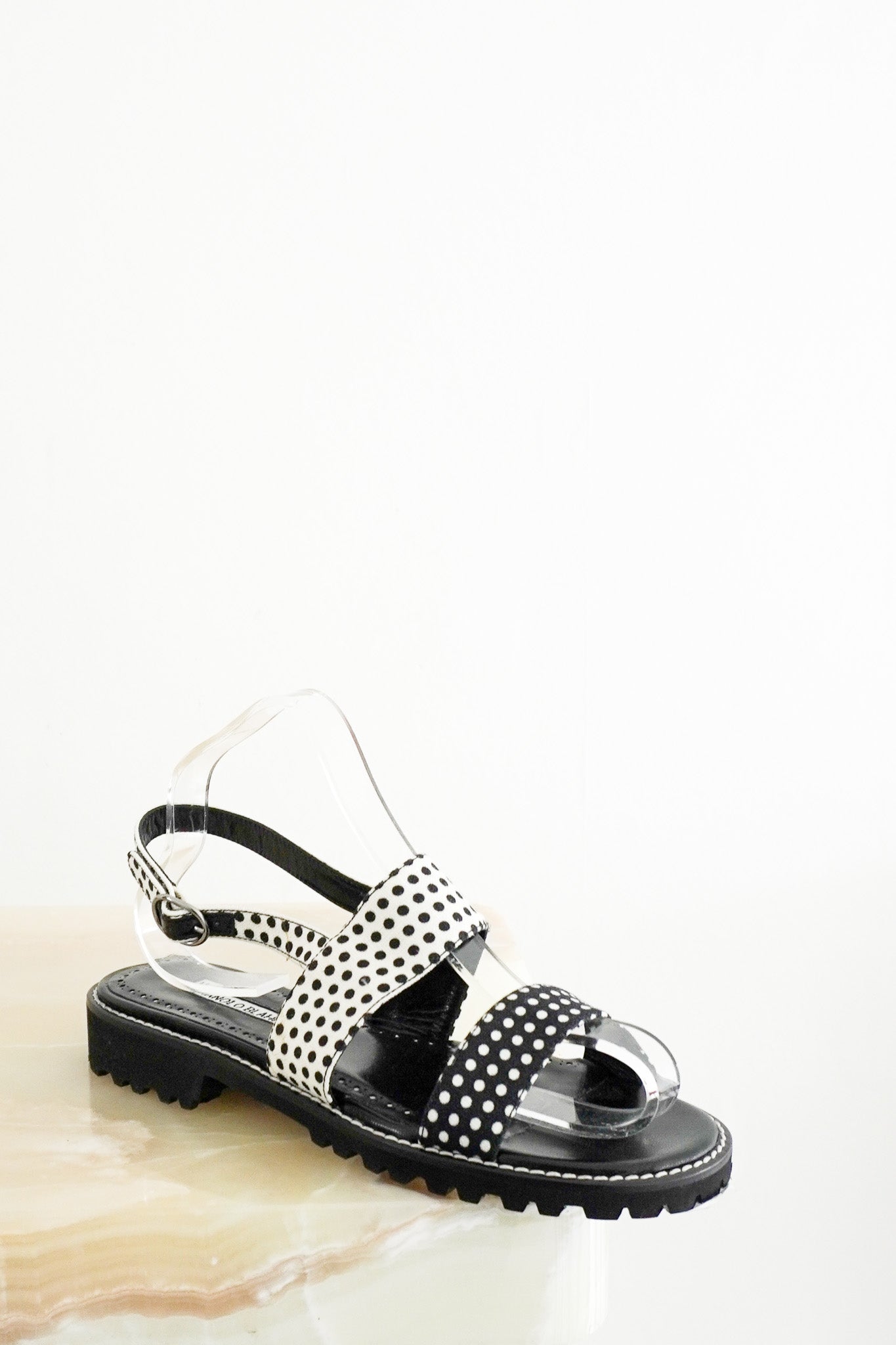 Front photo of the Manolo Blahnik Polka Dot Flat Sandals Chelsea London