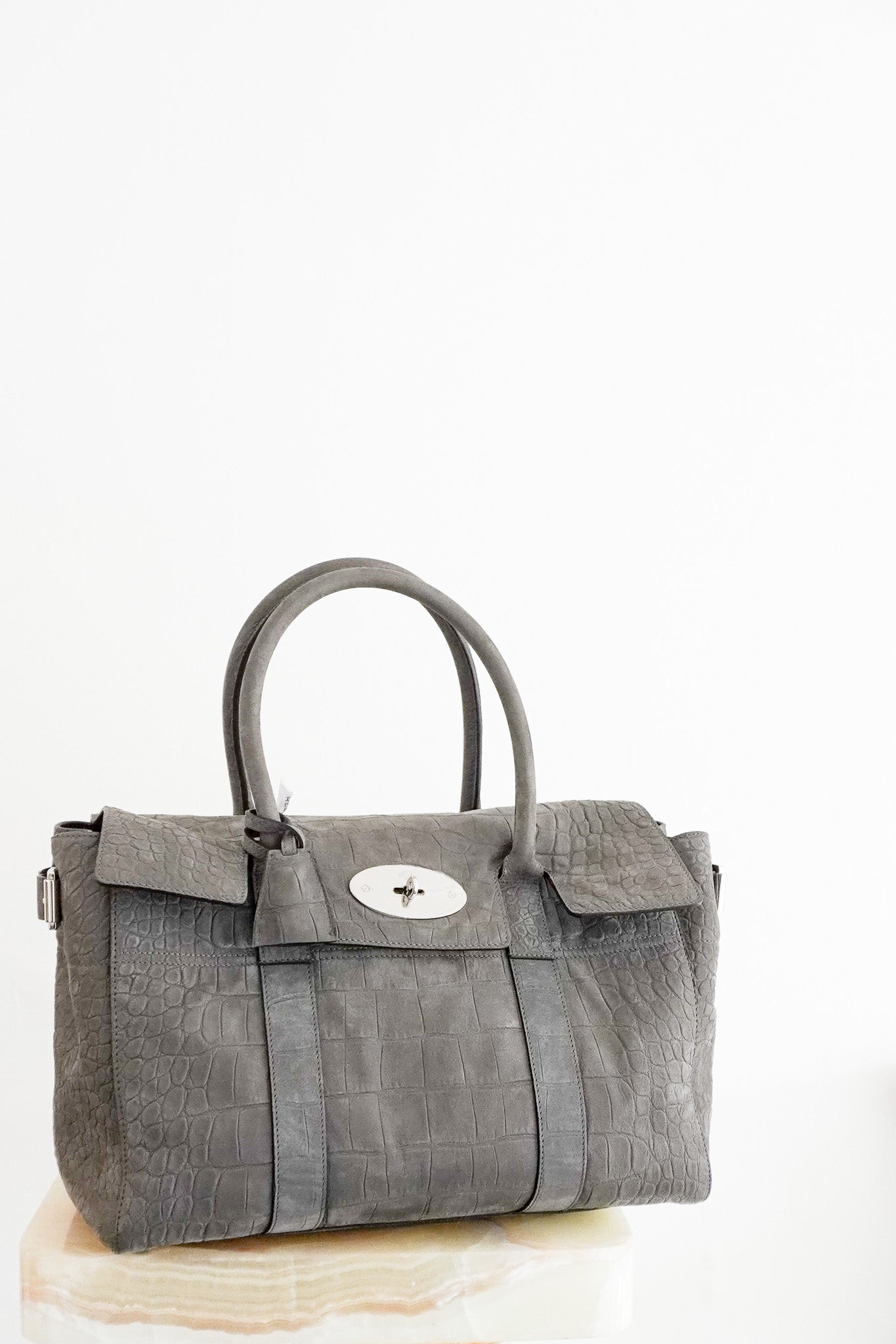 Front photo of the Mulberry Bayswater Croc Tote in Grey Chelsea London