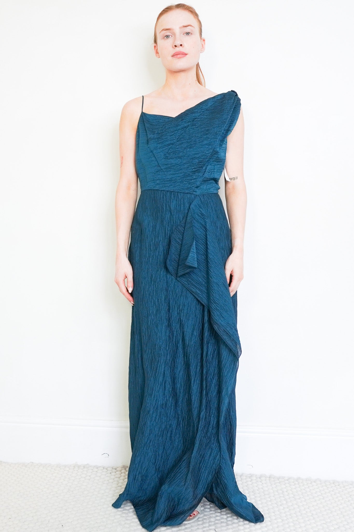 Front photo of the Roland Mouret Teal Silk Gown Chelsea London