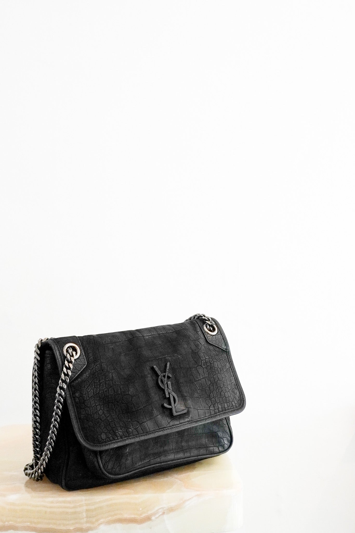 Front photo of the Saint Laurent Niki Shoulder Bag in Black Croc Chelsea London