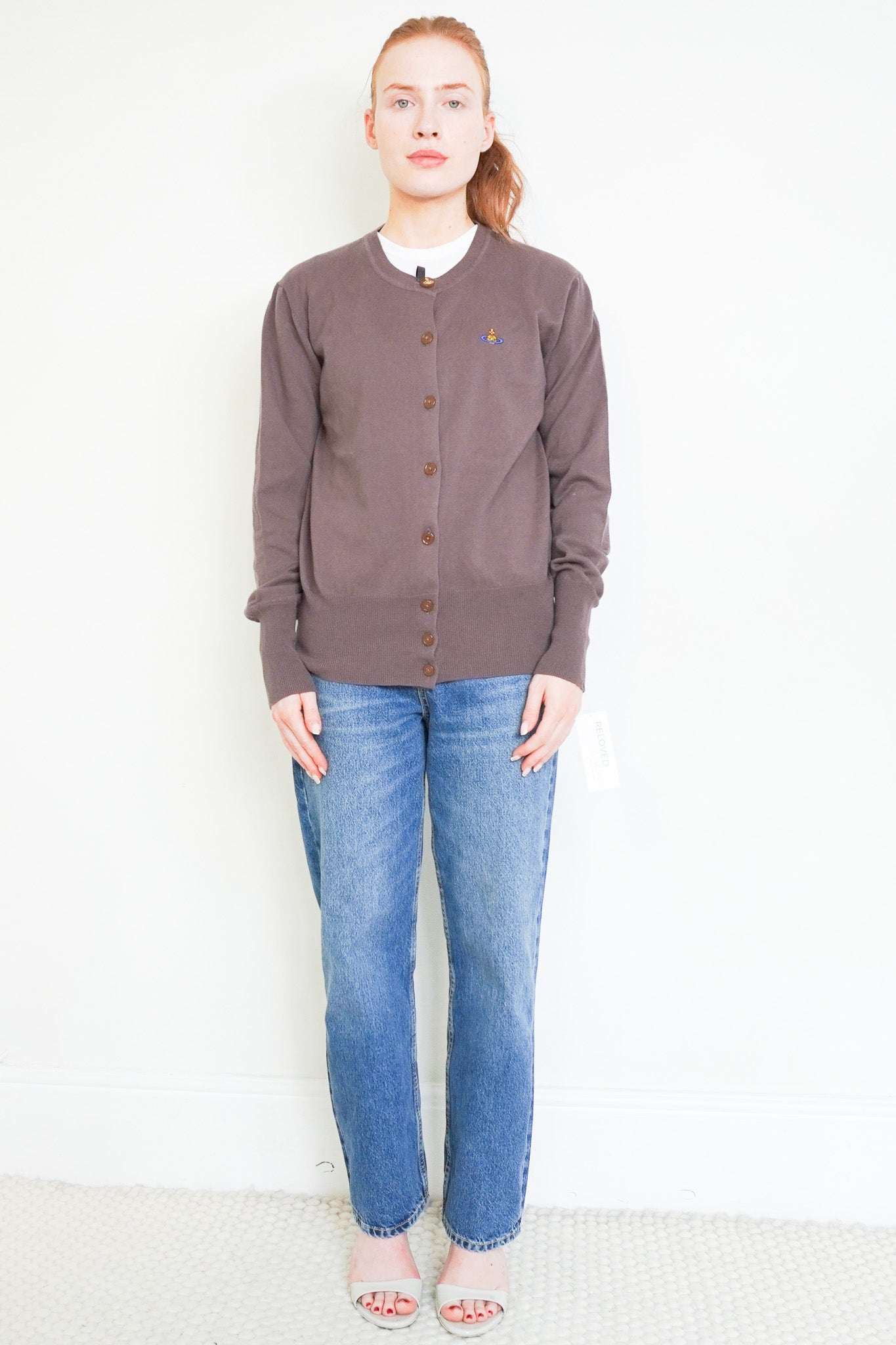 Front photo of the Vivienne Westwood Bea Cardigan in Truffle Chelsea london