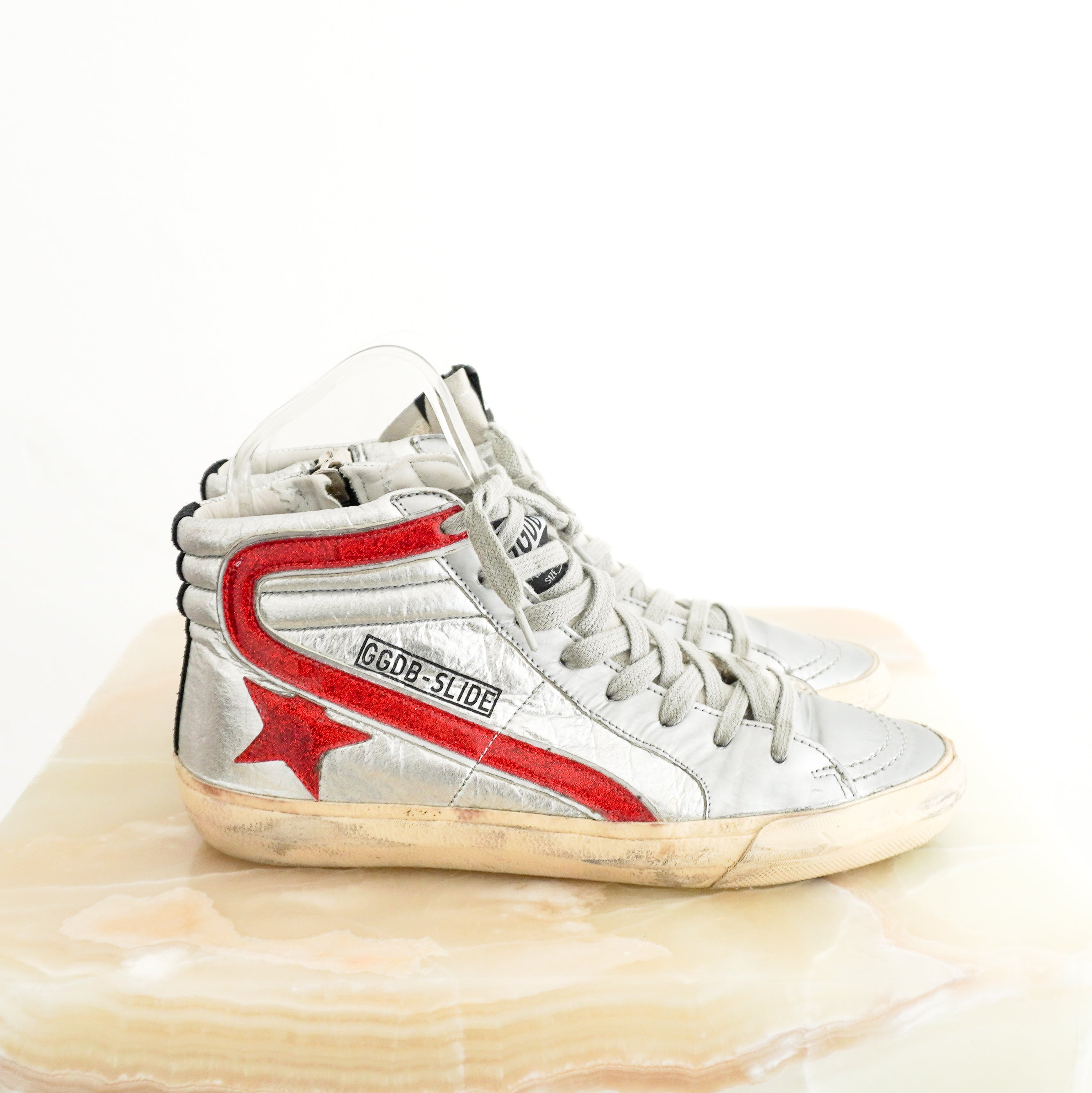Golden Goose Silver &amp; Red High Top Trainers – Size EU 37 side photo chelsea london