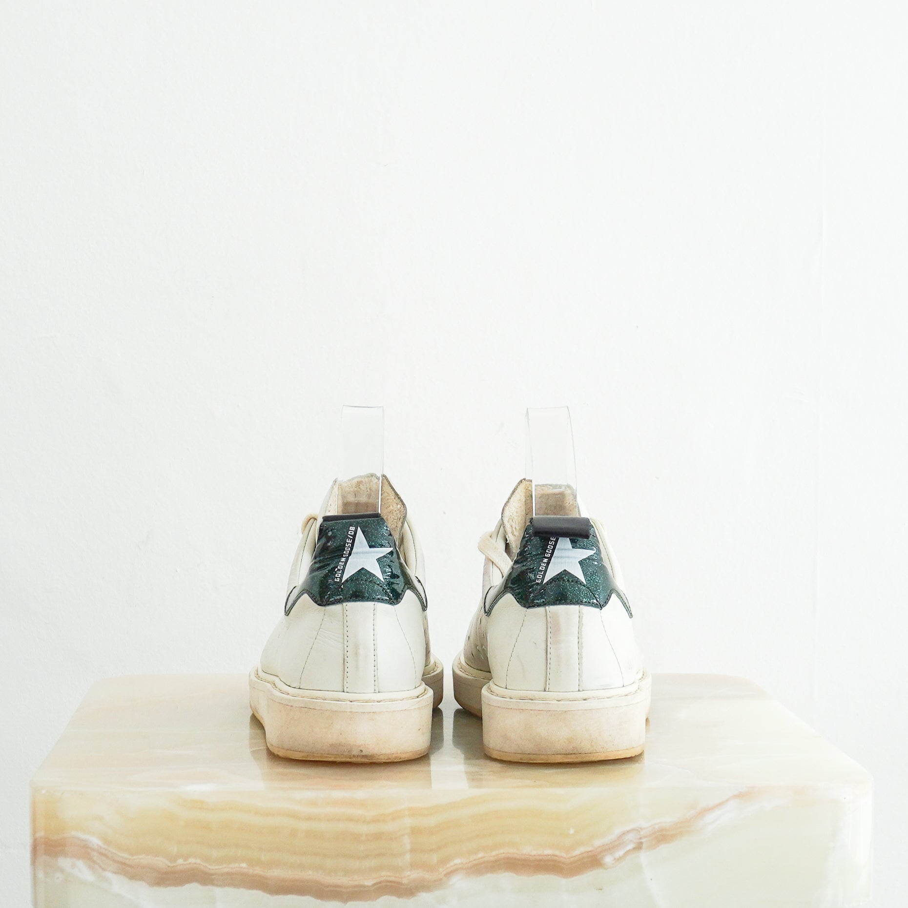Golden Goose Starter White Leather Trainers Green Glitter Heel back photo chelsea london