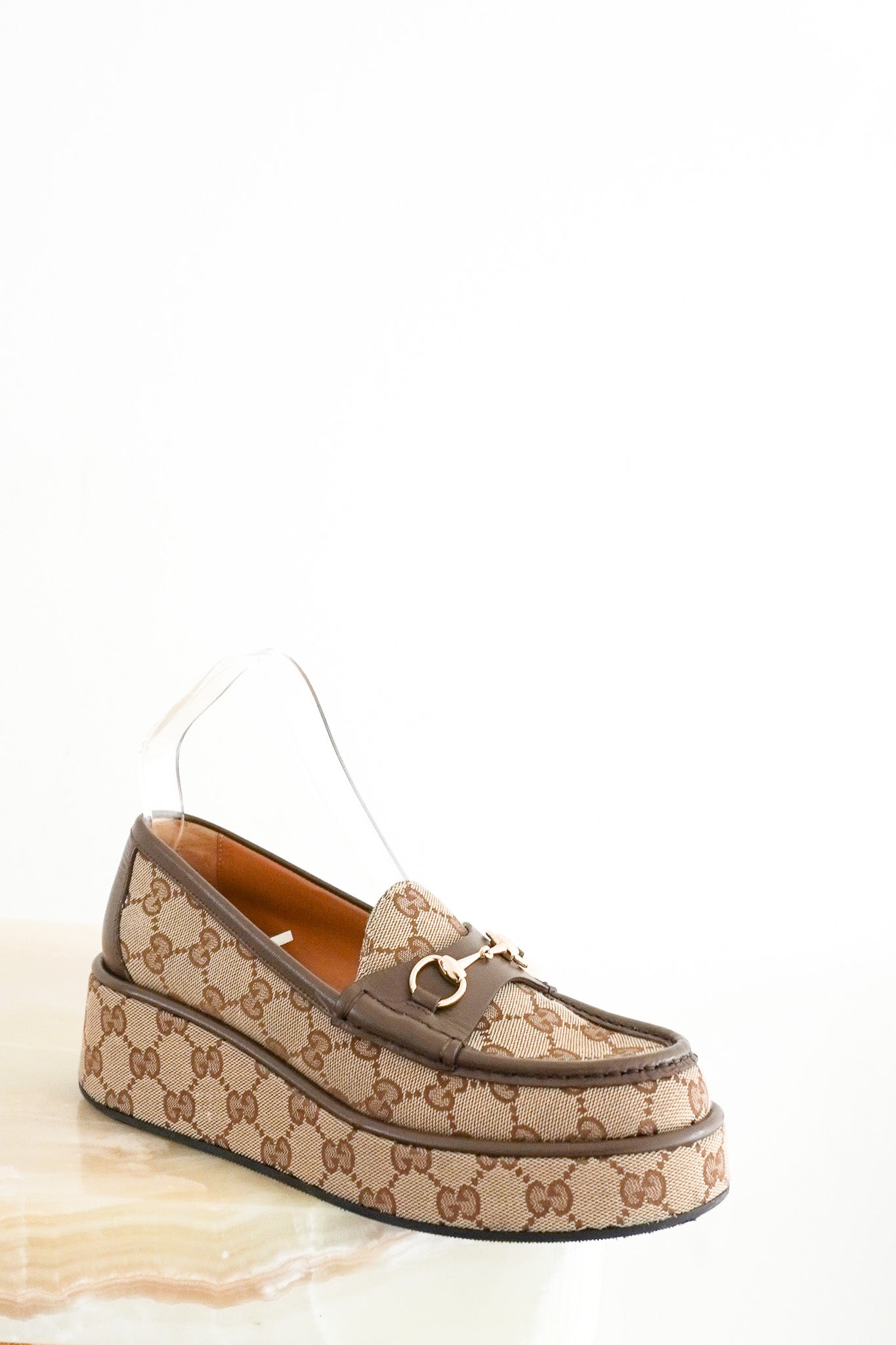Gucci-Horsebit-Wedge-Loafers-in-Beige-GG-Canvas-Front-Photograph-Chelsea-London