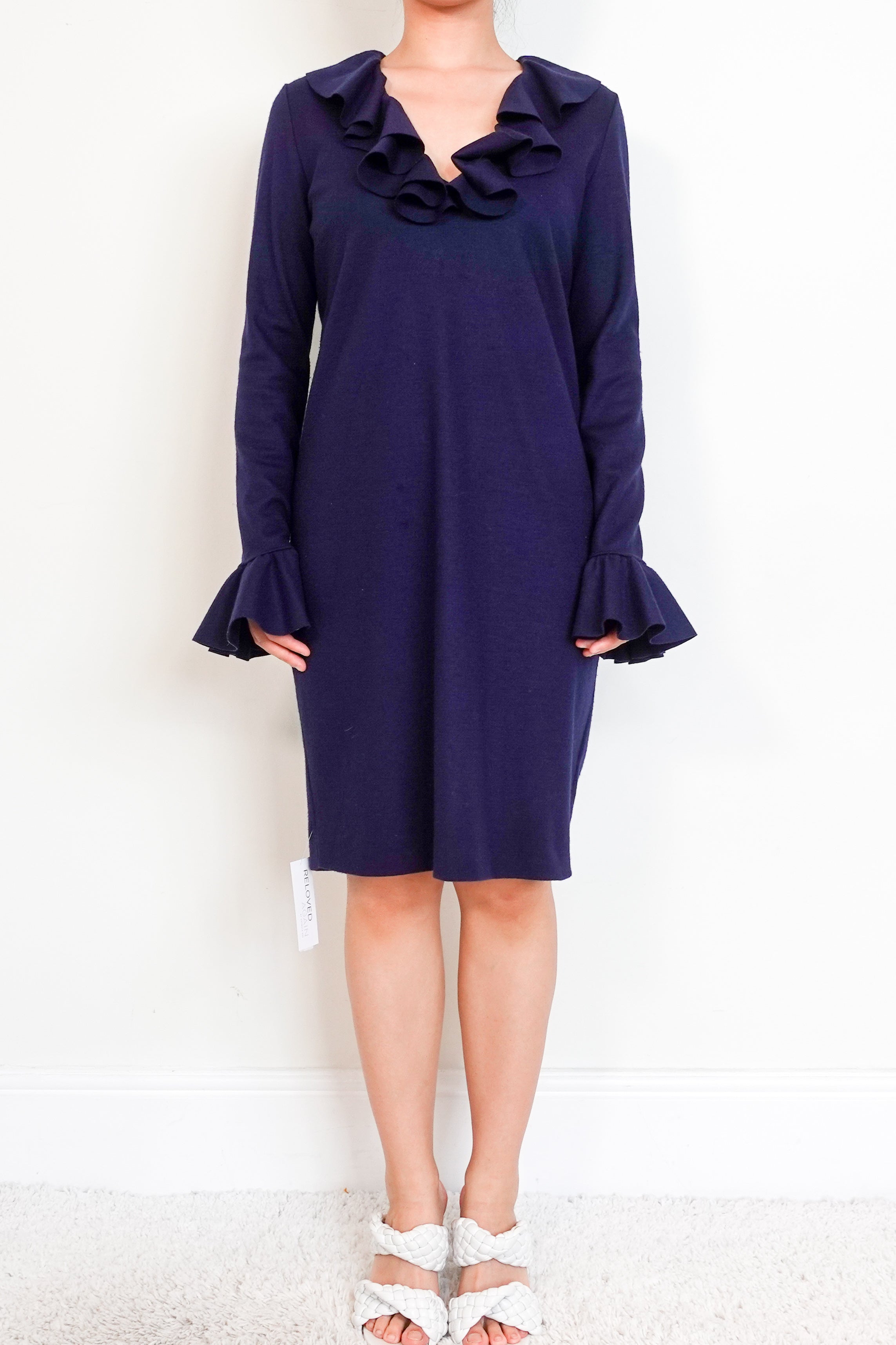 Gucci-Navy-Blue-Wool-ruffle-collar-dress-Front-picture