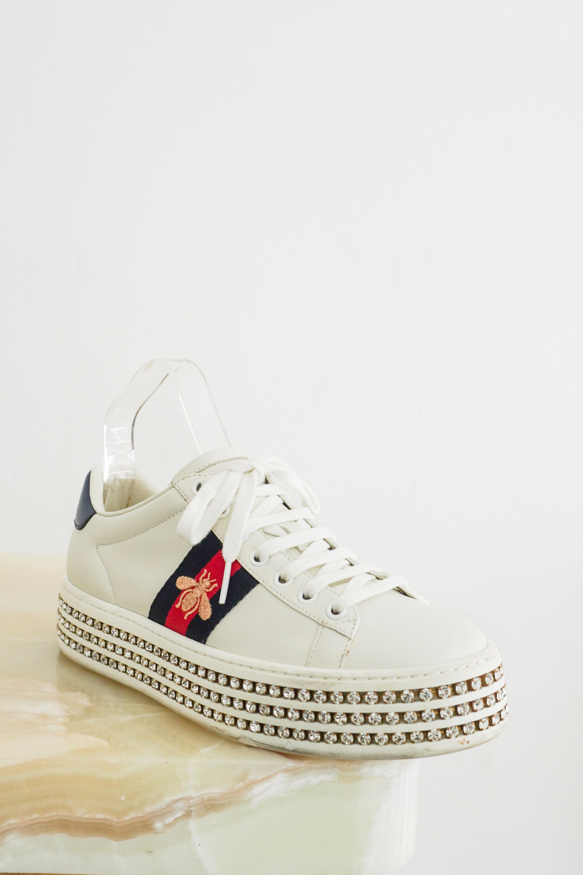 Gucci Ace Crystal Bee Platform Sneakers White Leather &amp; Crystal Embellished Sole 505995 front photo chelsea london