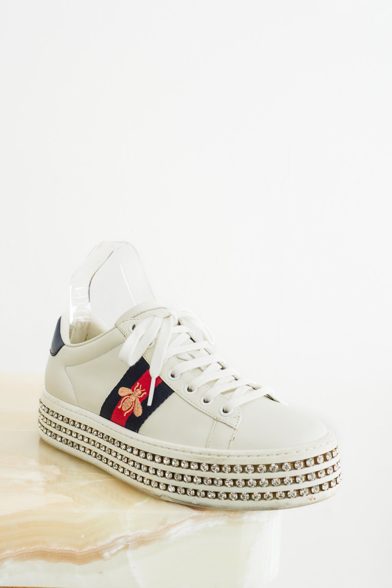 Gucci Ace Crystal Bee Platform Sneakers in White Leather front photo