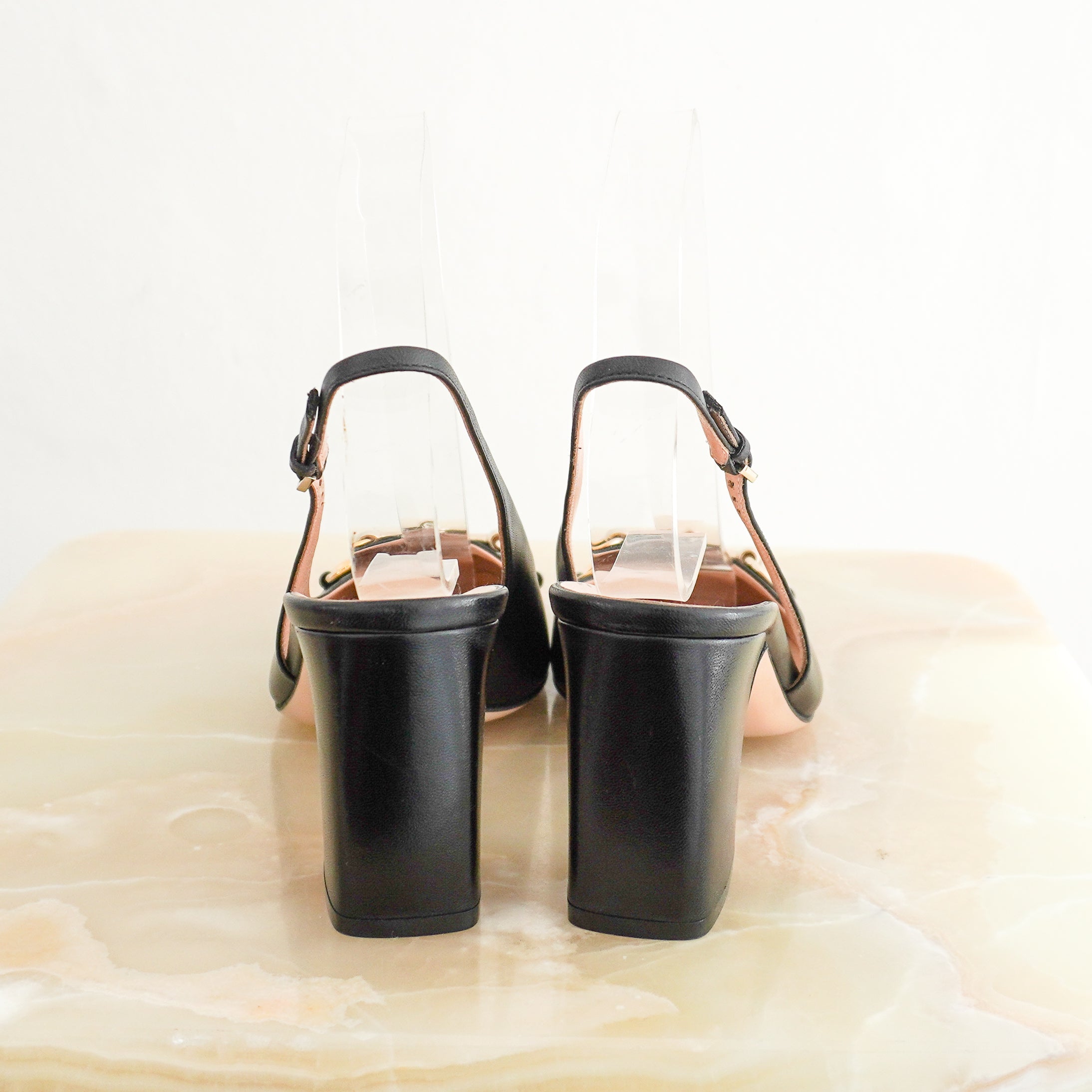 Gucci Black Horsebit Slingback Block Heels back photo chelsea london