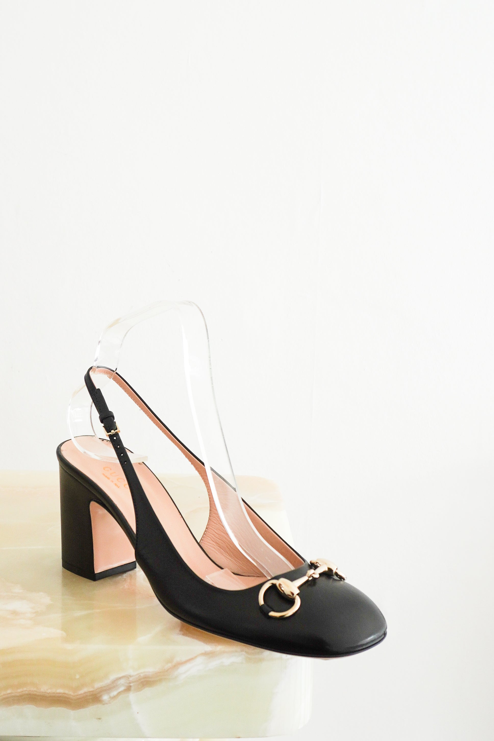Gucci Black Horsebit Slingback Block Heels front photo chelsea london