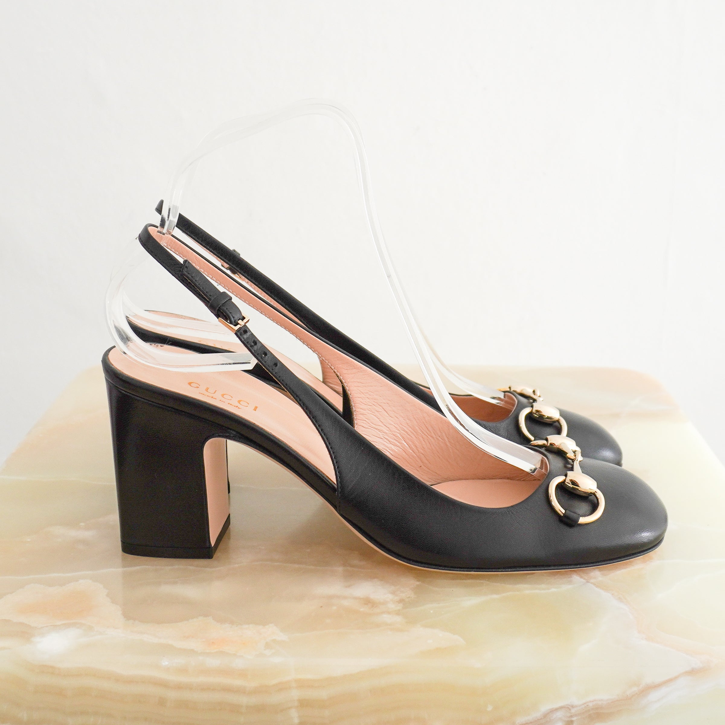 Gucci Black Horsebit Slingback Block Heels side photo chelsea london