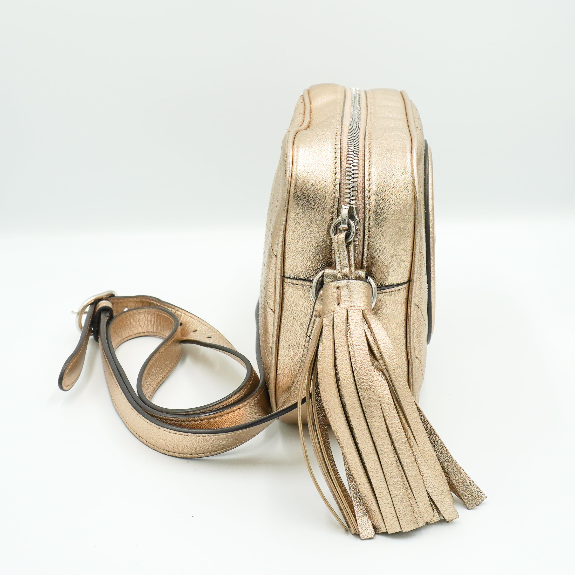 Gucci Blondie Small Shoulder Bag Metallic Golden Beige Leather side photo chelsea london