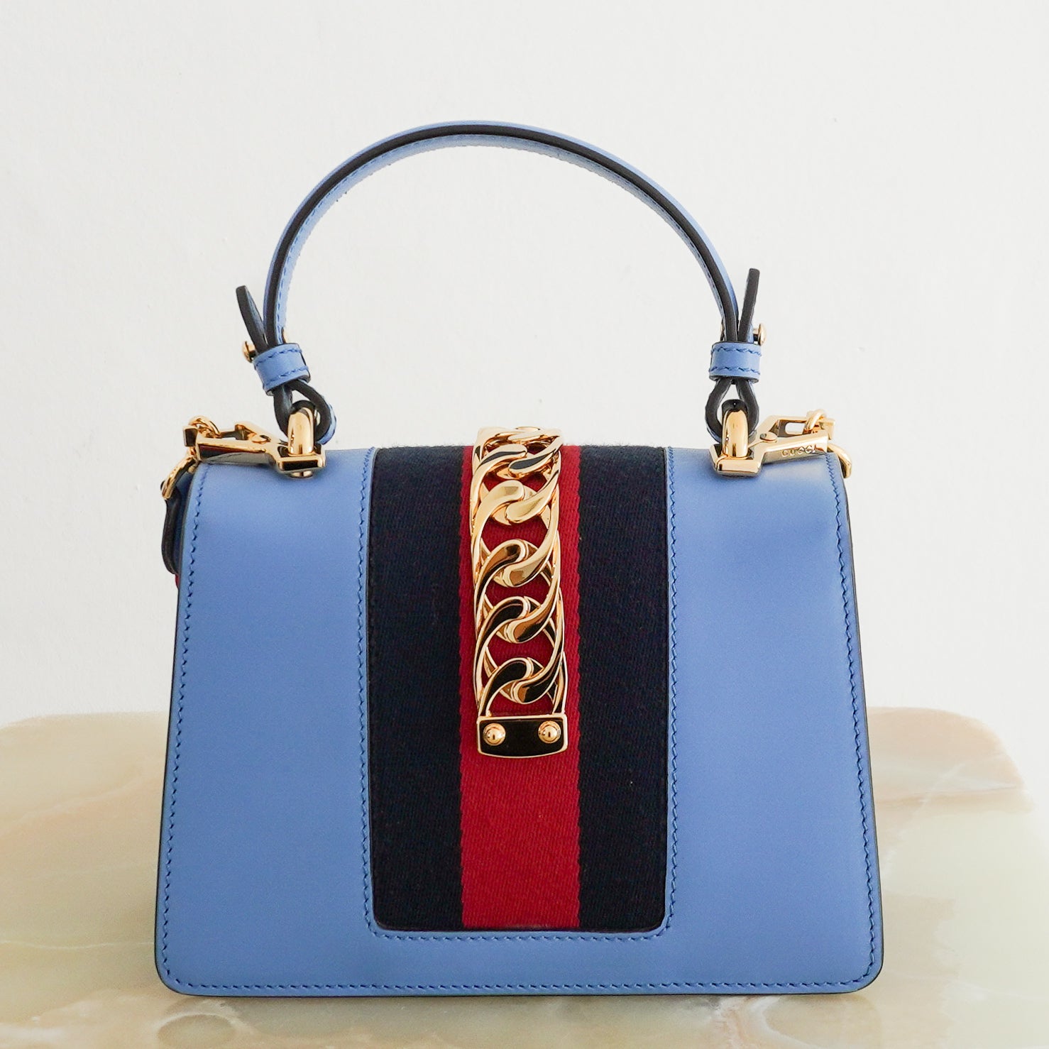 Gucci Blue Sylvie Small Top Handle Bag back photo chelsea london