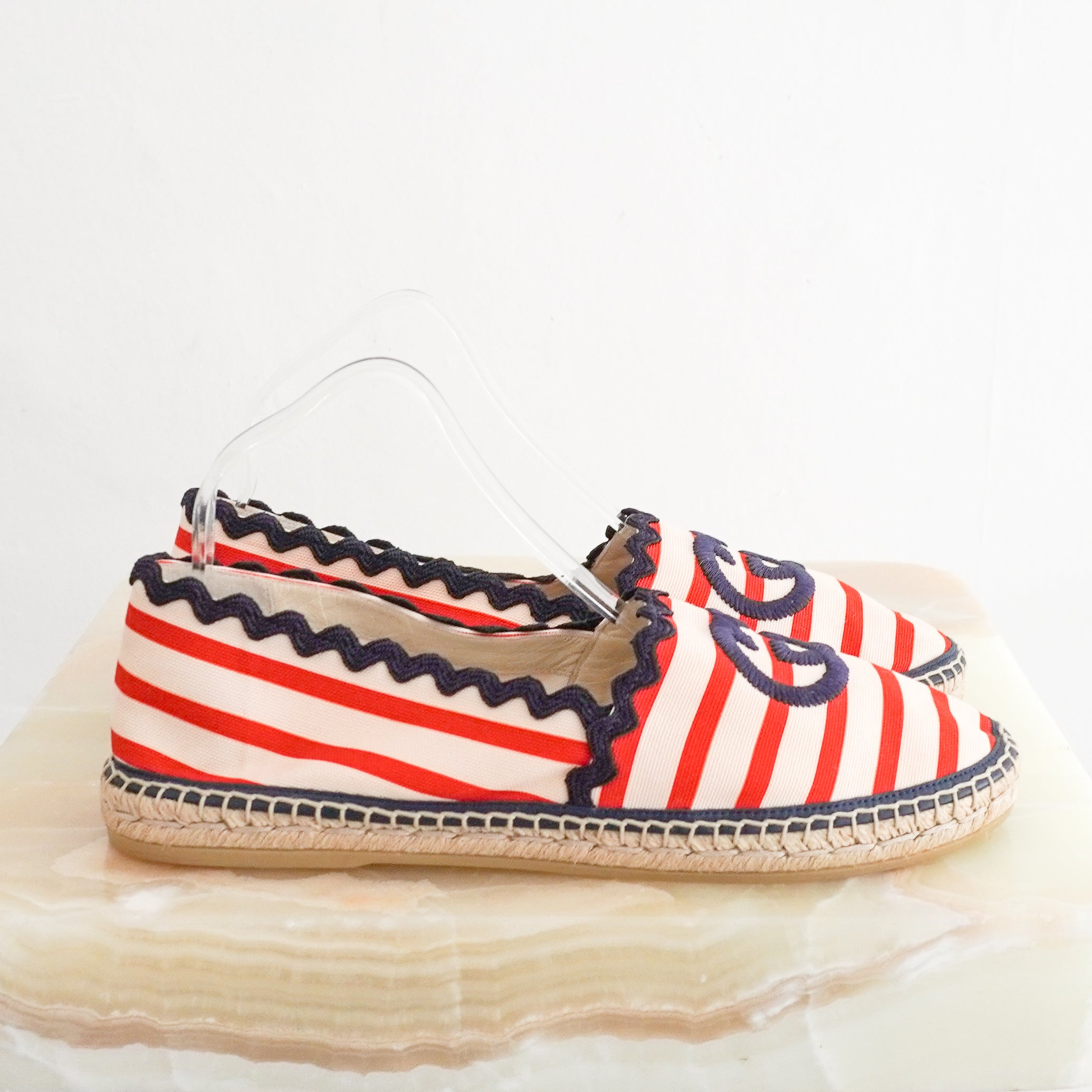 Gucci GG Embroidered Striped Canvas Espadrilles side photo chelsea london