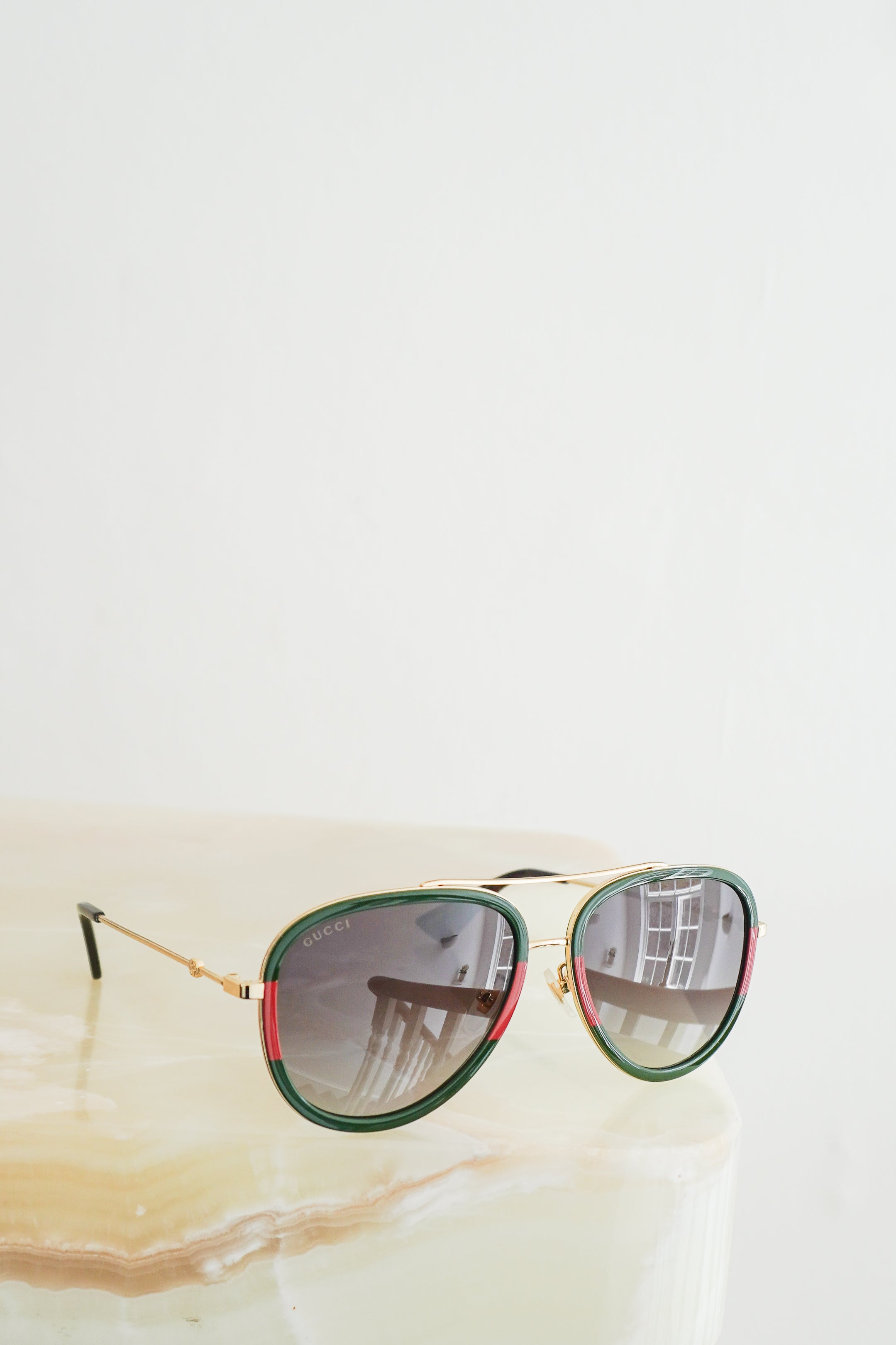 Gucci Green & Gold Aviator Sunglasses front photo chelsea london