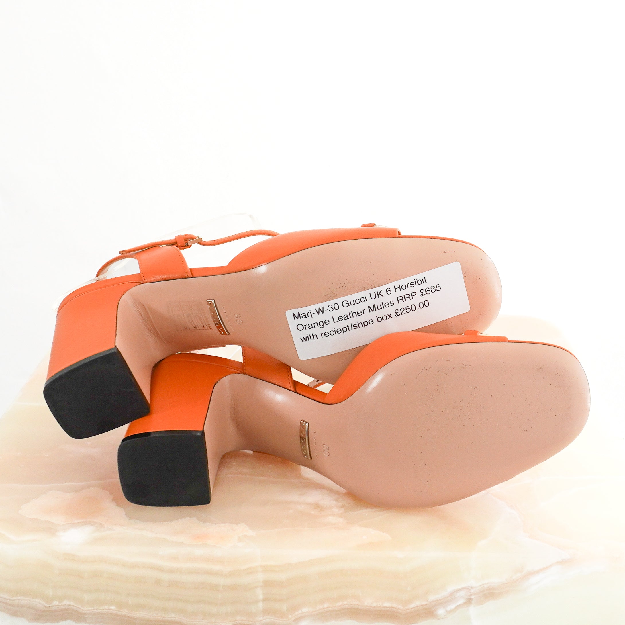 Gucci Orange Horsebit Block Heels bottom photo chelsea london