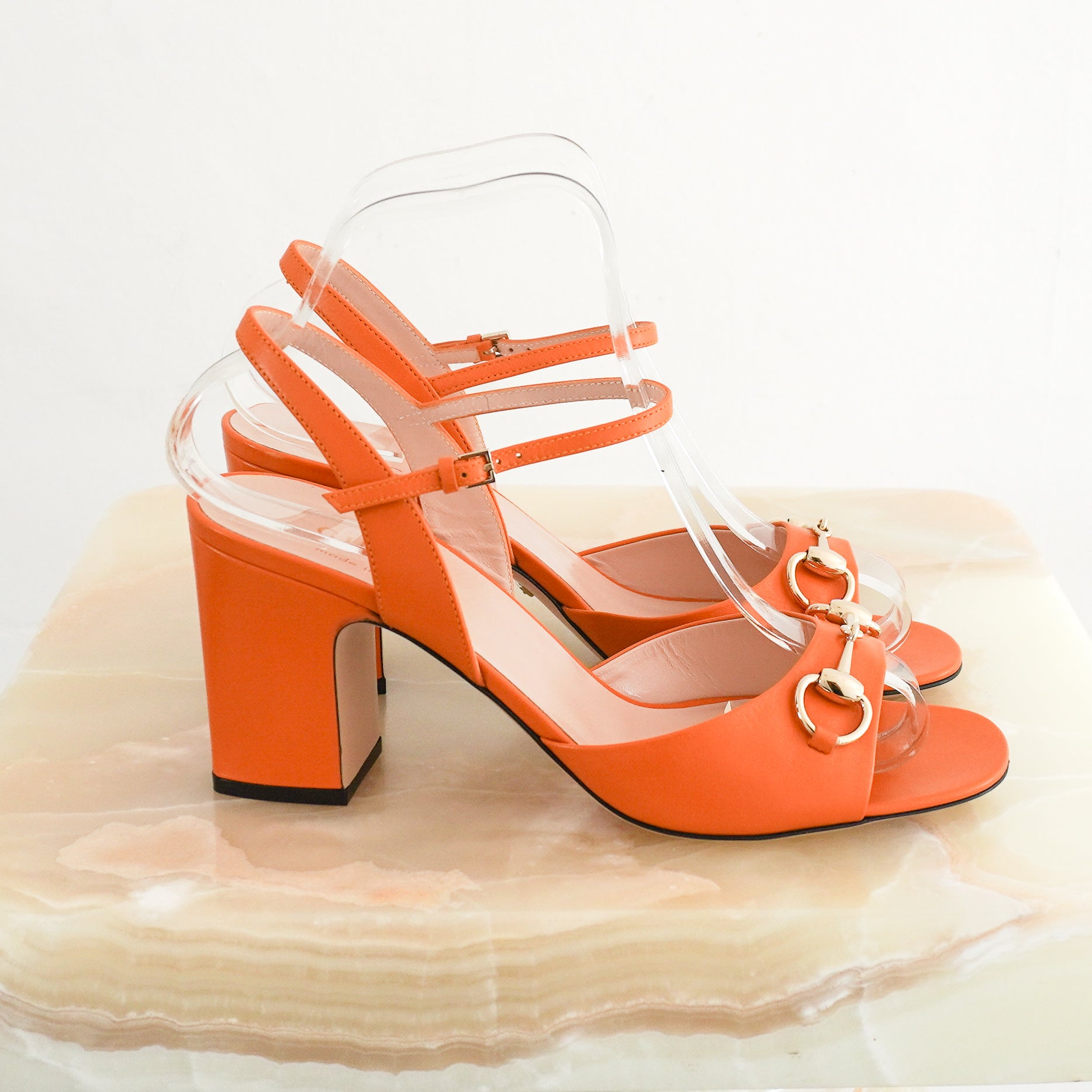 Gucci Orange Horsebit Block Heels side photo chelsea london
