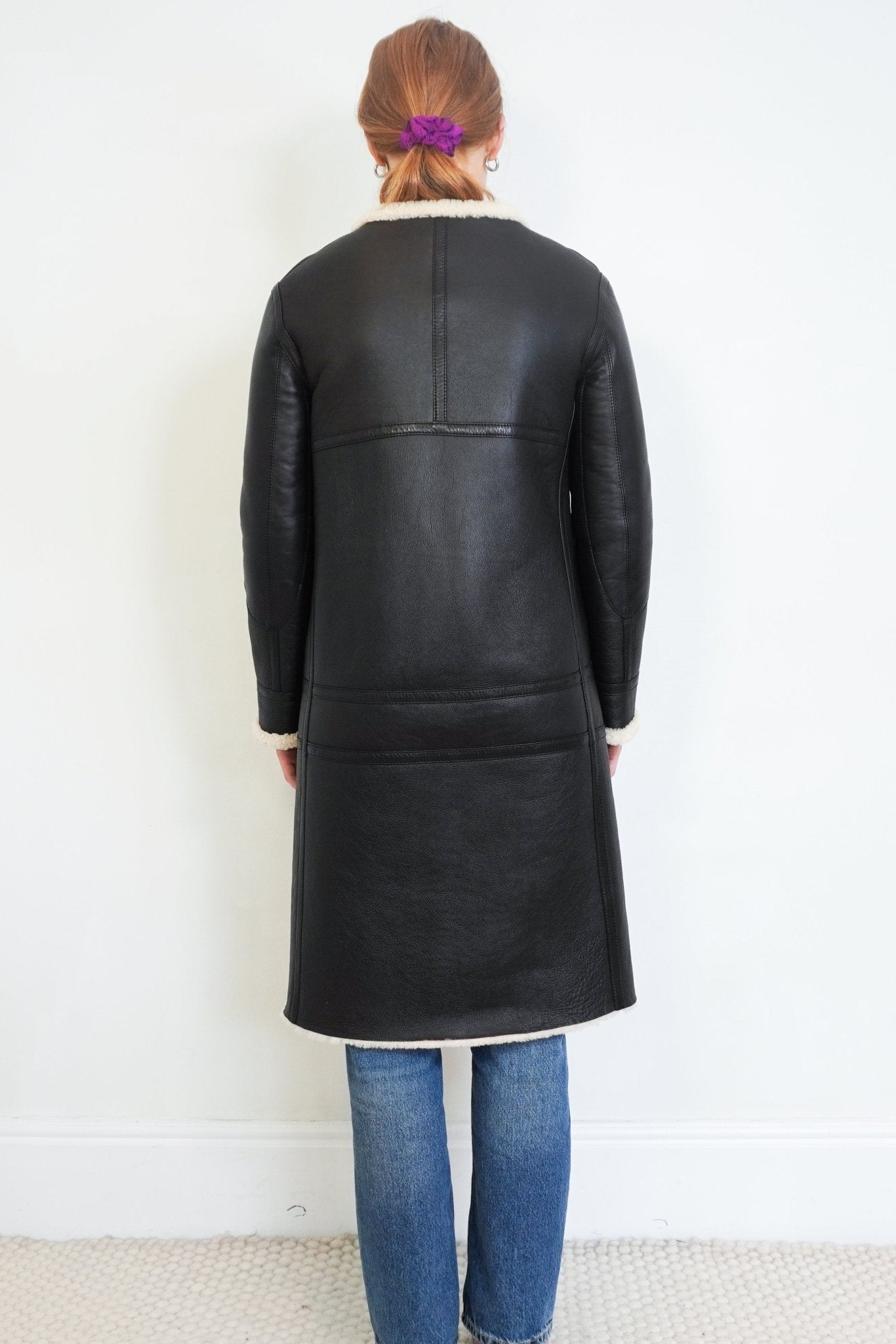 Helmut Lang Black Lamb Leather Shearling Long Coat back photo chelsea london