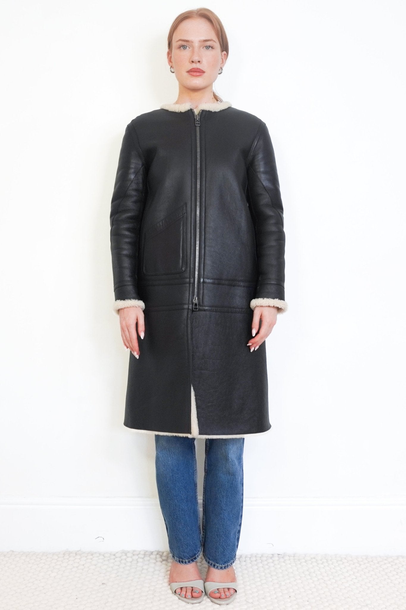 Helmut Lang Black Lamb Leather Shearling Long Coat front photo chelsea london