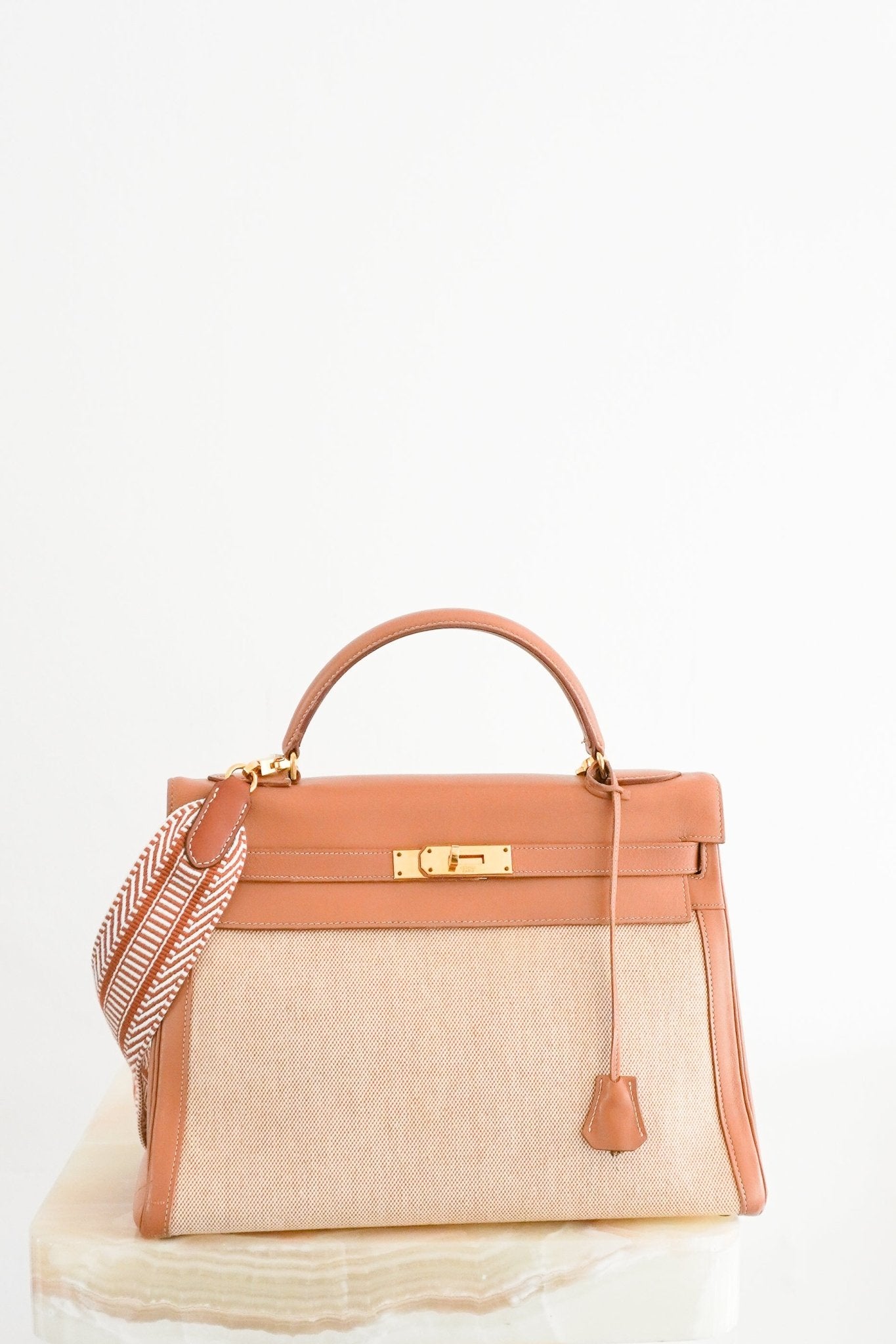 Hermès Kelly 32 Natural Courchevel and Toile with Gold Hardware | Authentic Preloved - Reloved Again
