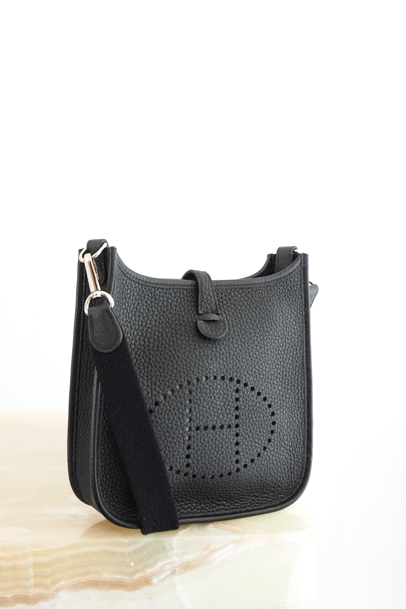 Hermès Mini Evelyne 16 Clemence Crossbody Bag in Black | Authentic Preloved - Reloved Again