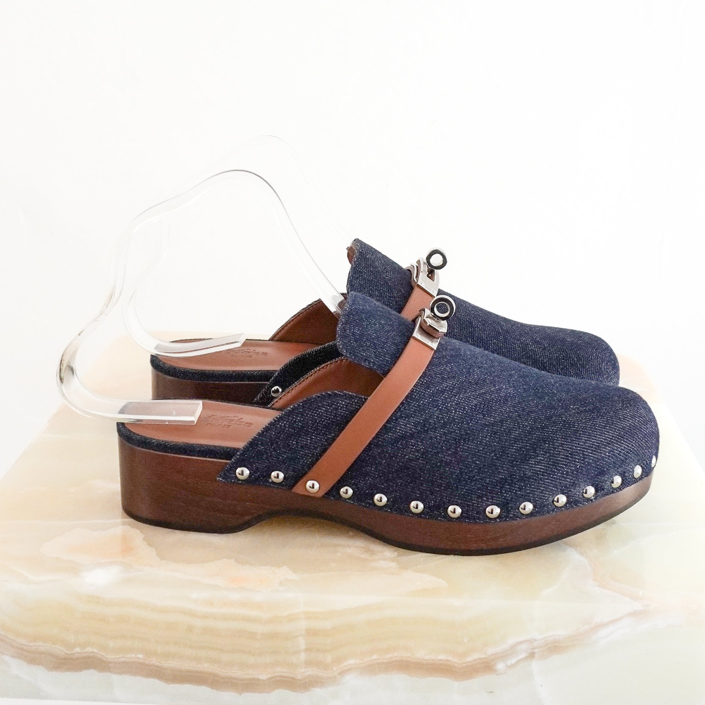 Hermès Carlotta Blue Jean Denim Mules side photo chelsea london