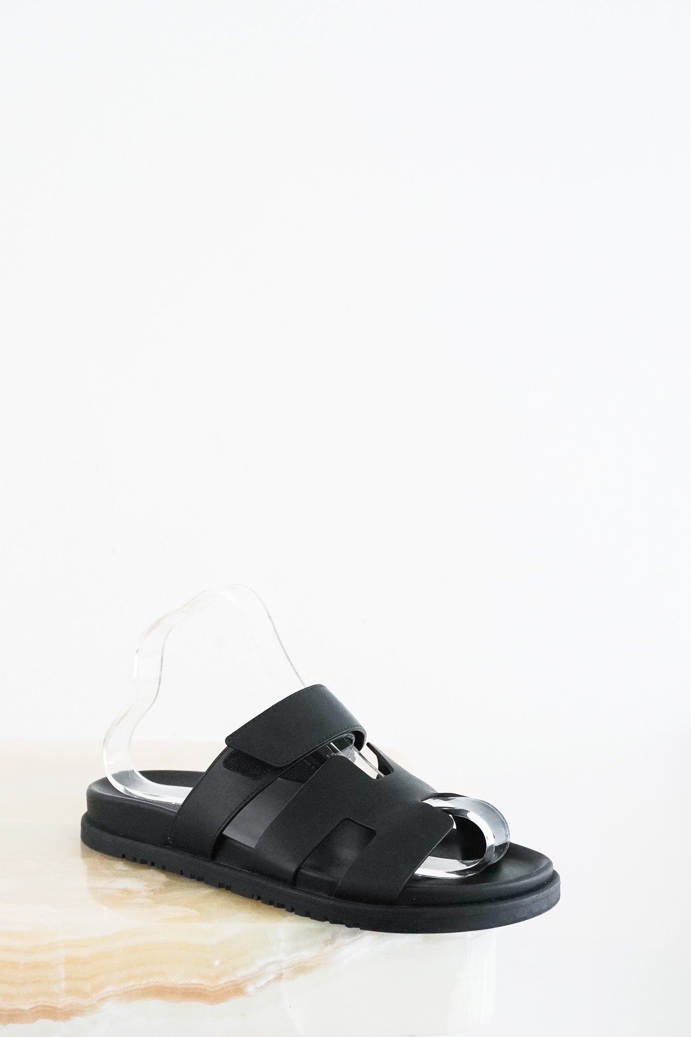 Hermes-Sheepskin-Chypre-Sandals-in-Black-front-picture-chelsea-london