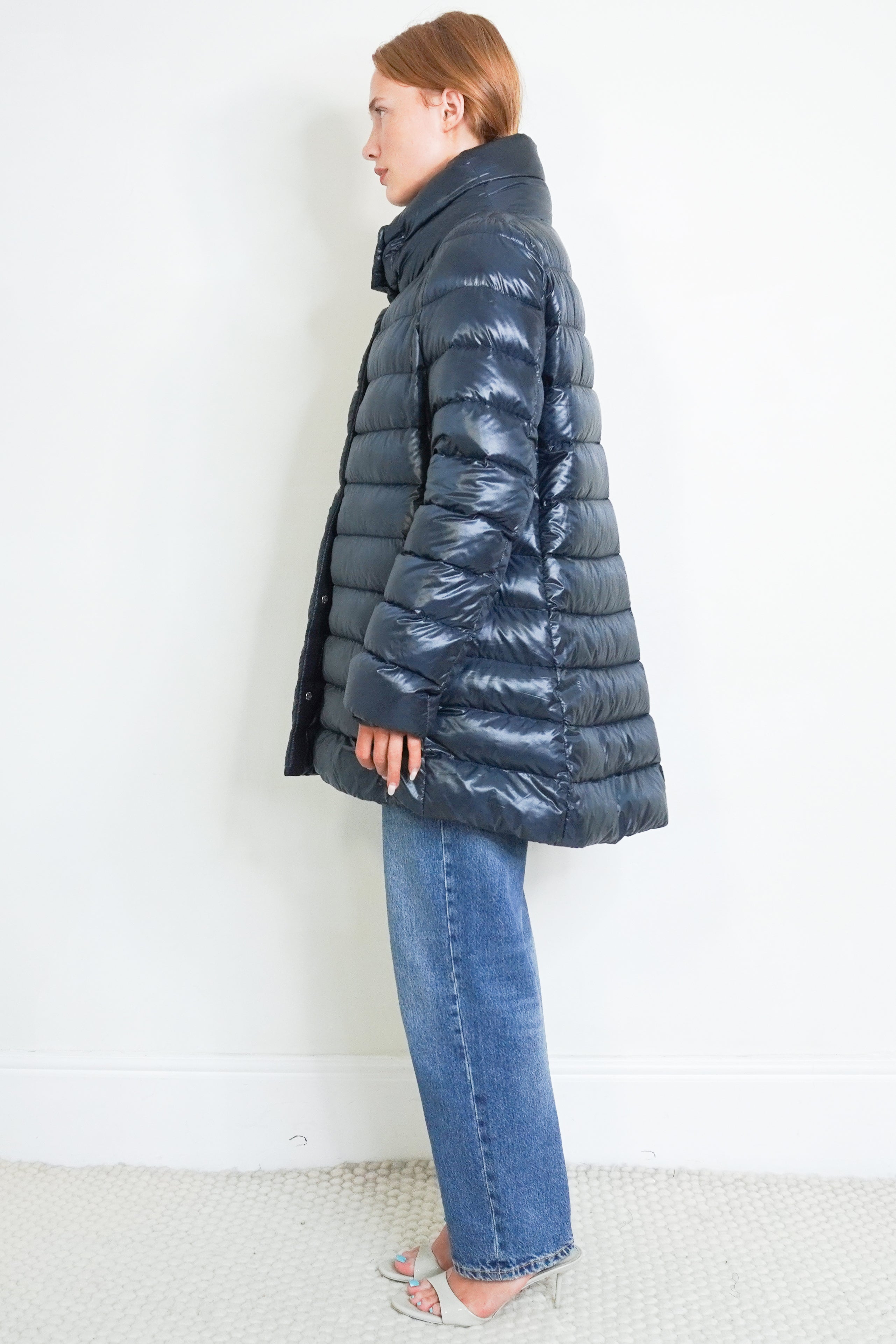 Herno Navy Blue Nylon Ultralight Down Jacket side photo chelsea london