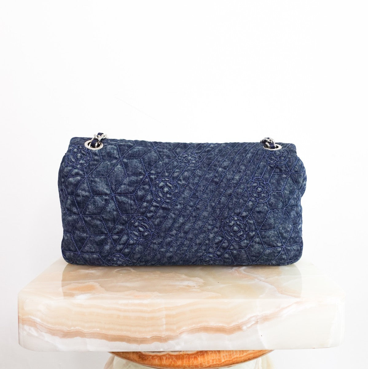 Camellia denim quilted flap bag RRP £10k