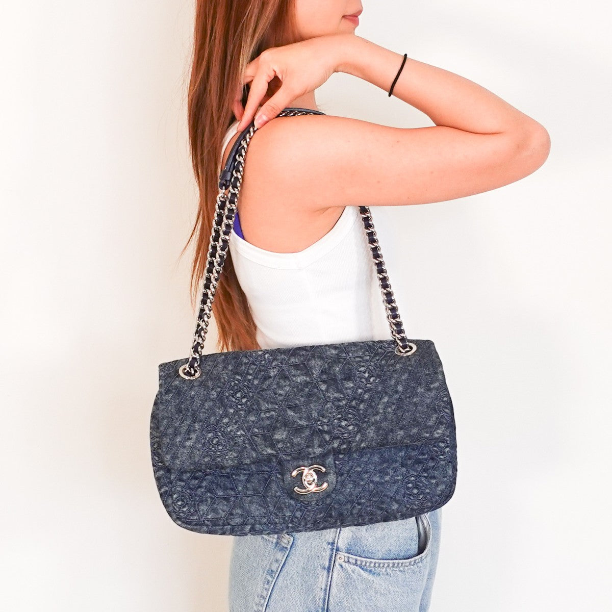 Camellia denim quilted flap bag RRP £10k