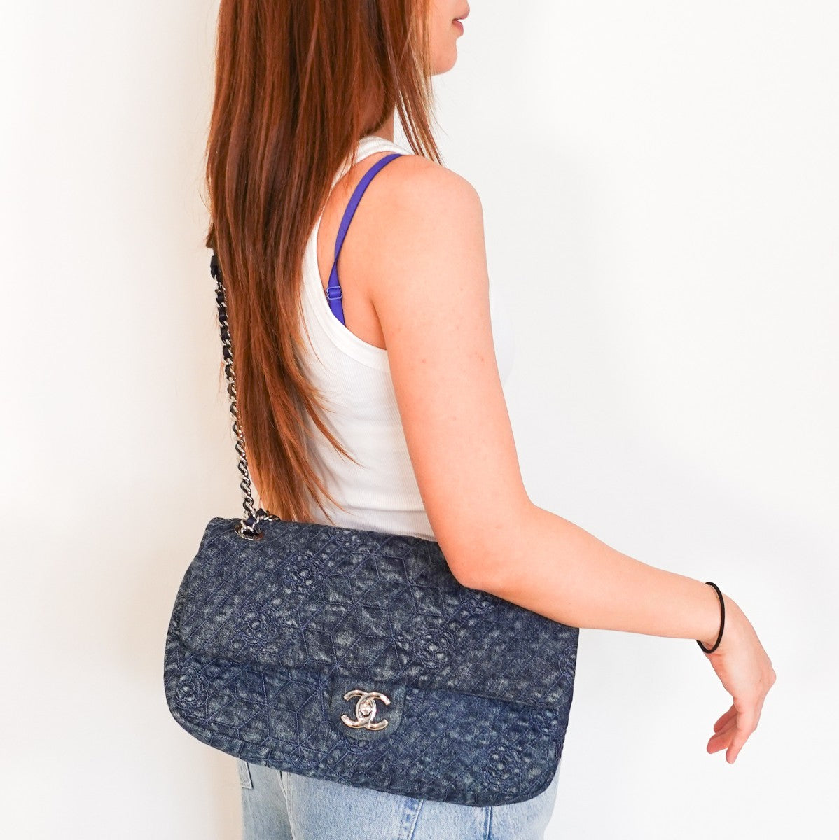 Camellia denim quilted flap bag RRP £10k