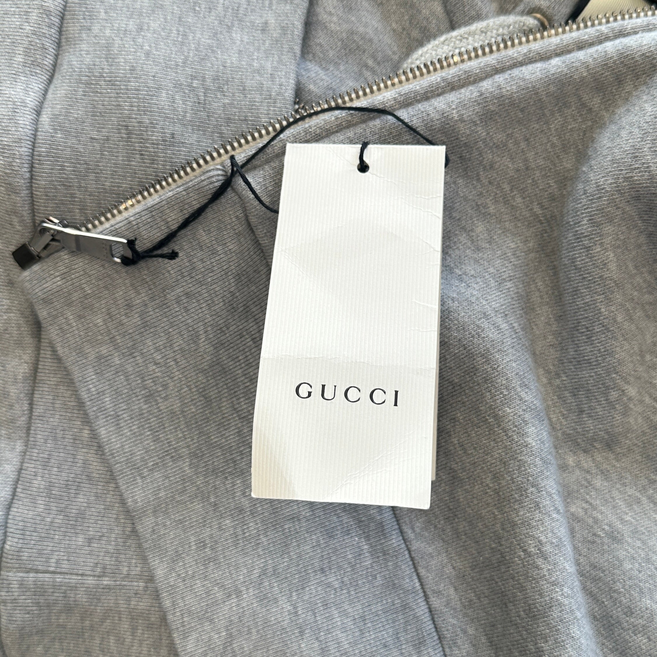 NEW Gucci Grey Hooded Zip-Up Sweatshirt with Retro Logo Stripe (RRP £600) | Authentic Preloved