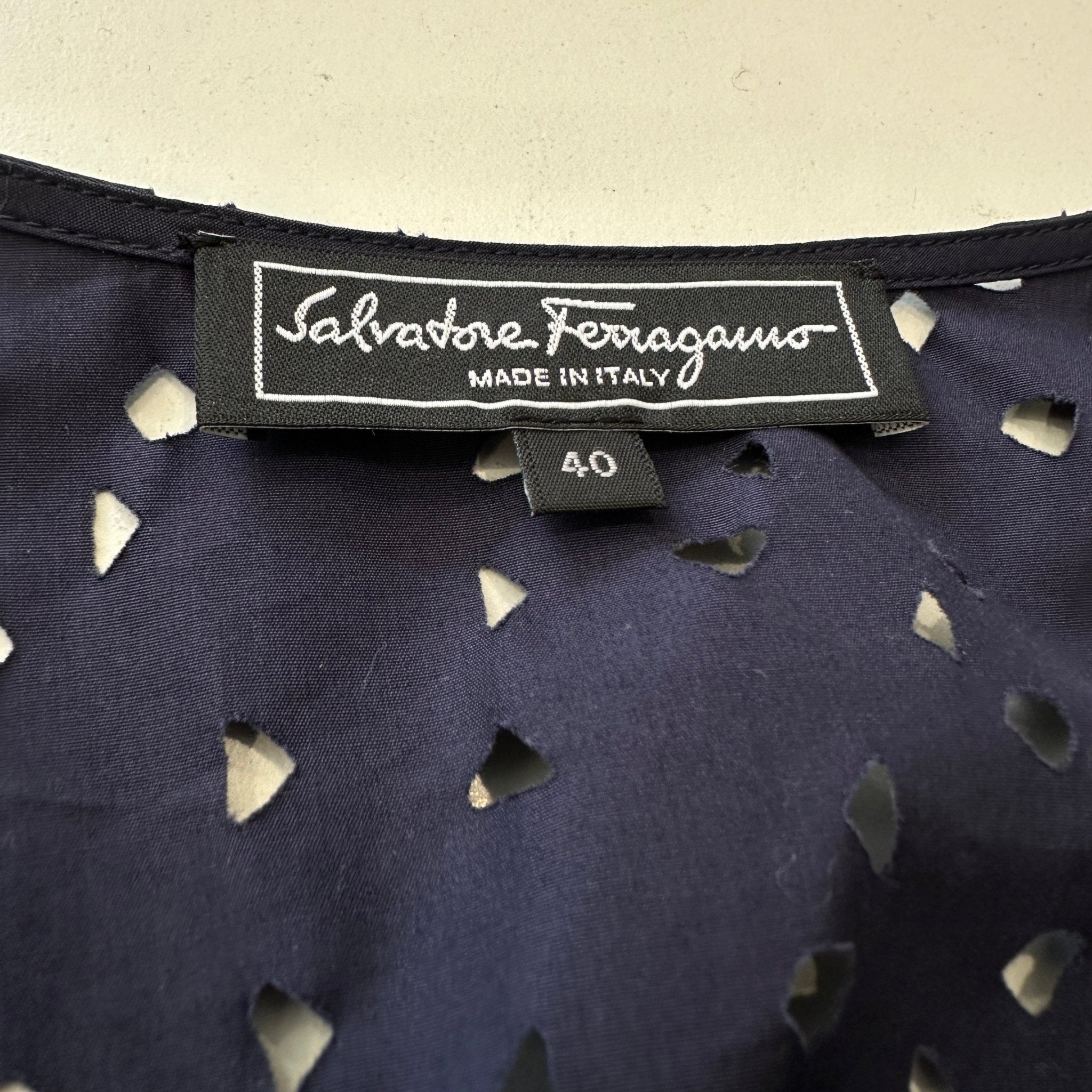 NEW Salvatore Ferragamo Navy Eyelet Cotton Dress (RRP £300) | Authentic Preloved - Reloved Again