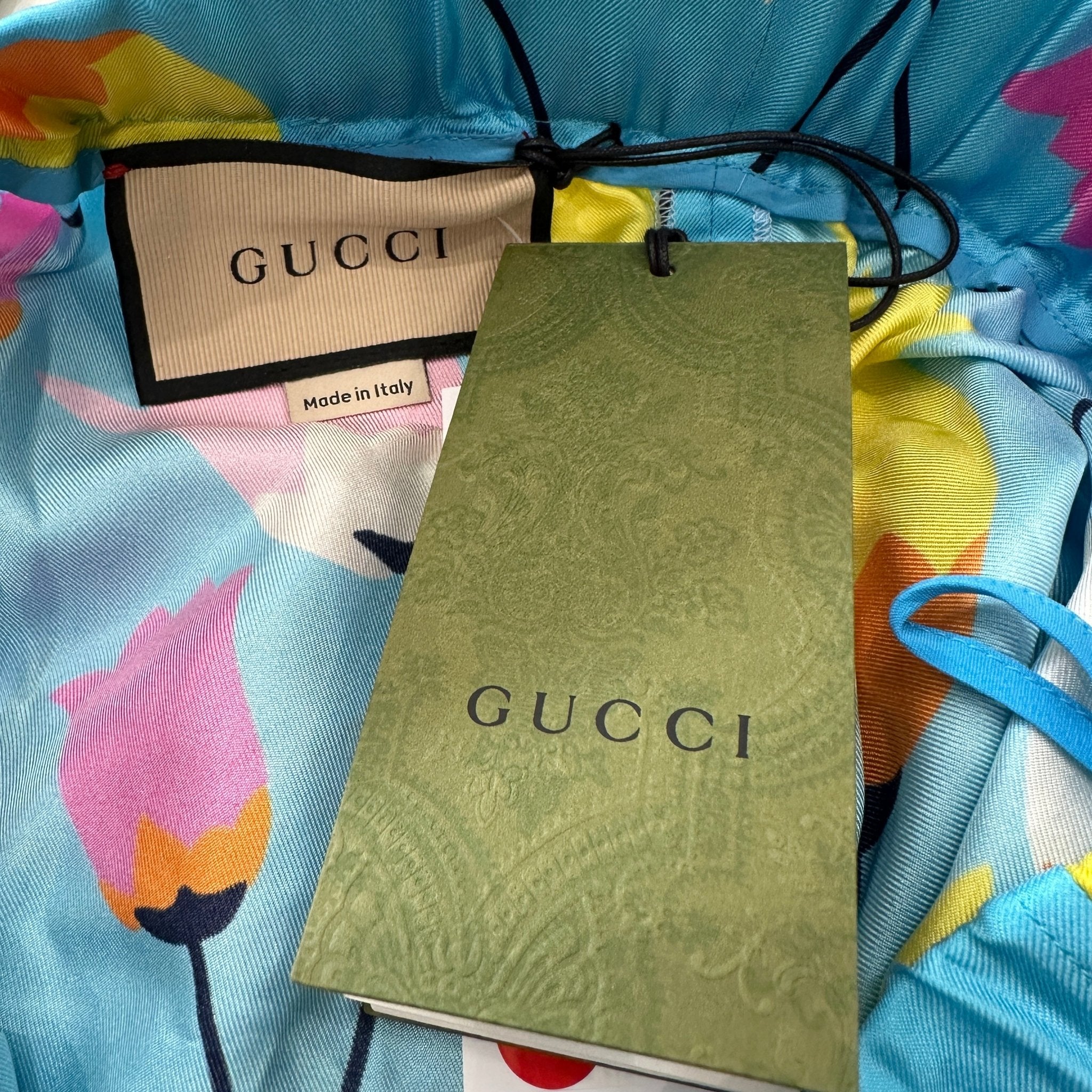 NEW Gucci Blue Floral Print Silk Drawstring Shorts (RRP £700) | Authentic Preloved - Reloved Again