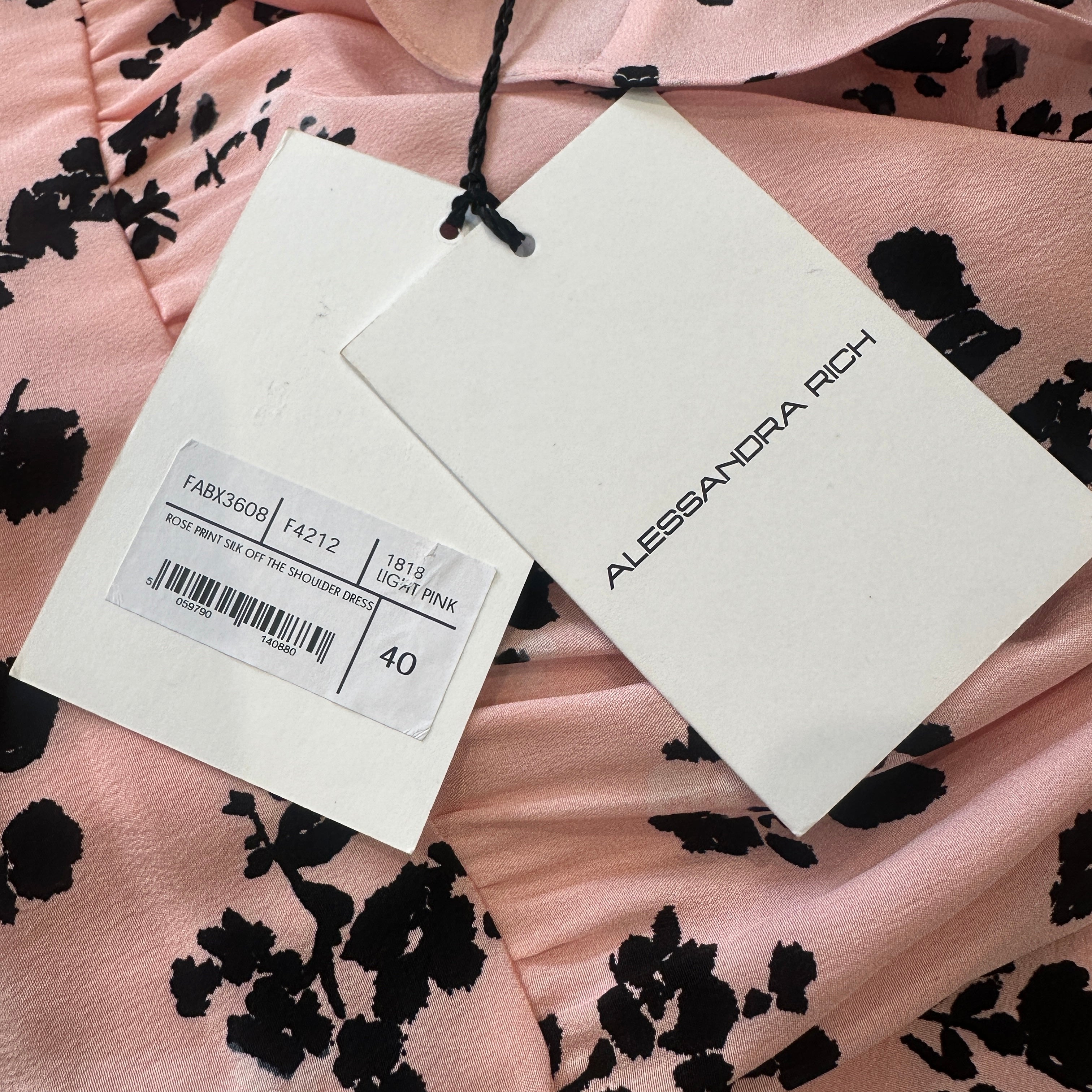 NEW Alessandra Rich Rose Print Silk Off The Shoulder Dress (RRP £800) | Authentic Preloved