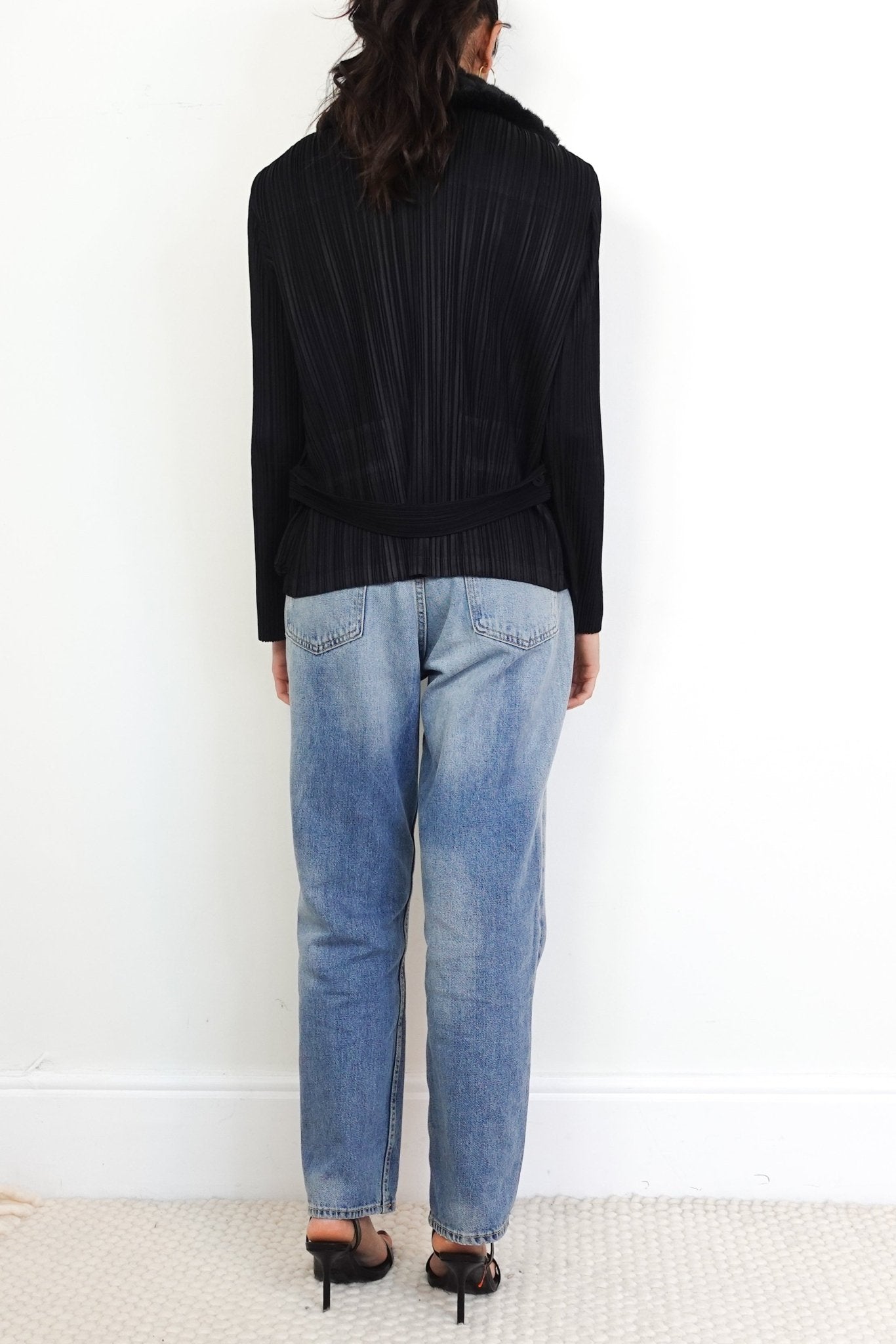 Issey Miyake Pleats Please Black Fur Collar Jacket RRP £550| Authentic Preloved - Reloved Again