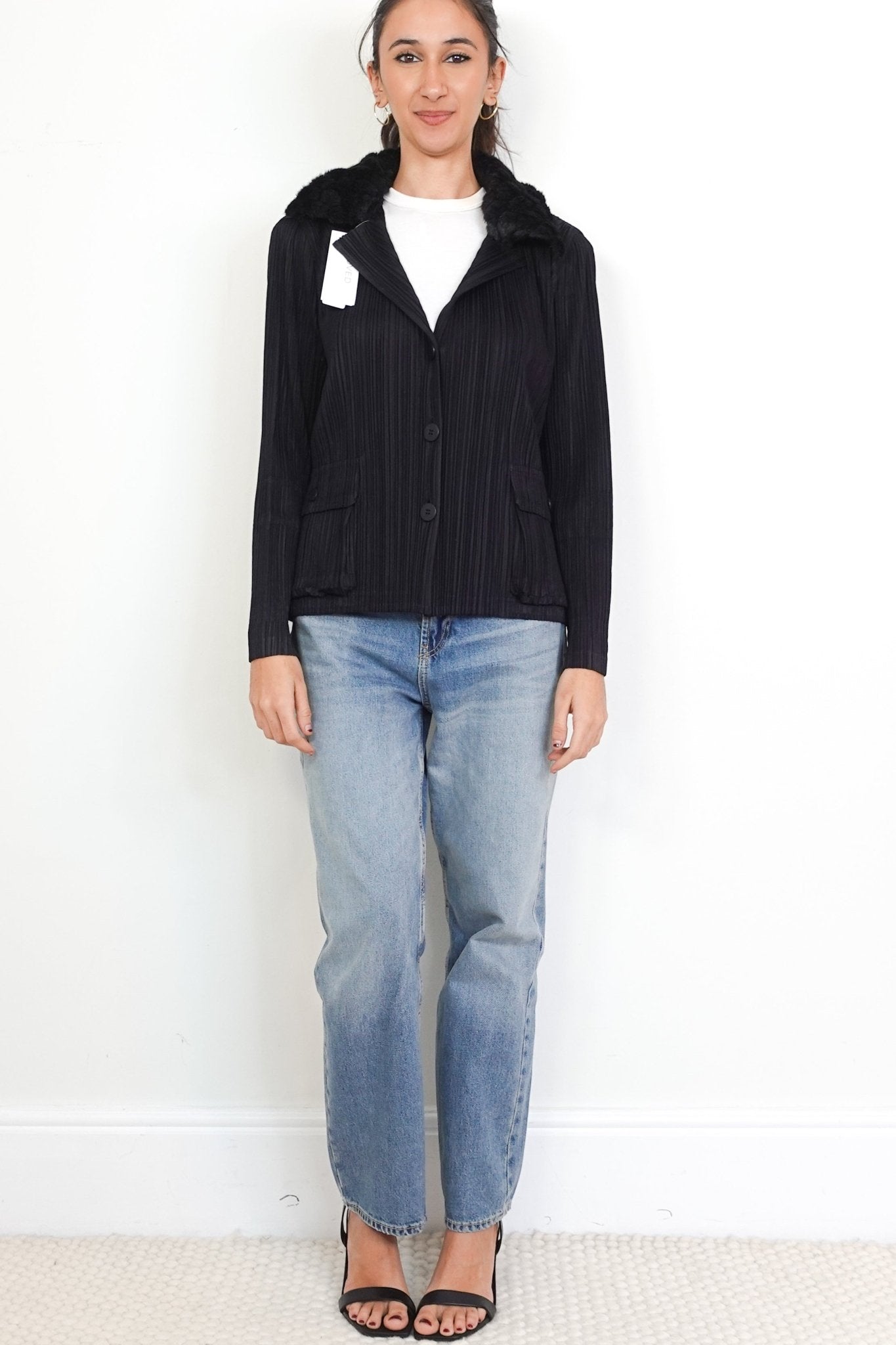 Issey Miyake Pleats Please Black Fur Collar Jacket RRP £550| Authentic Preloved - Reloved Again