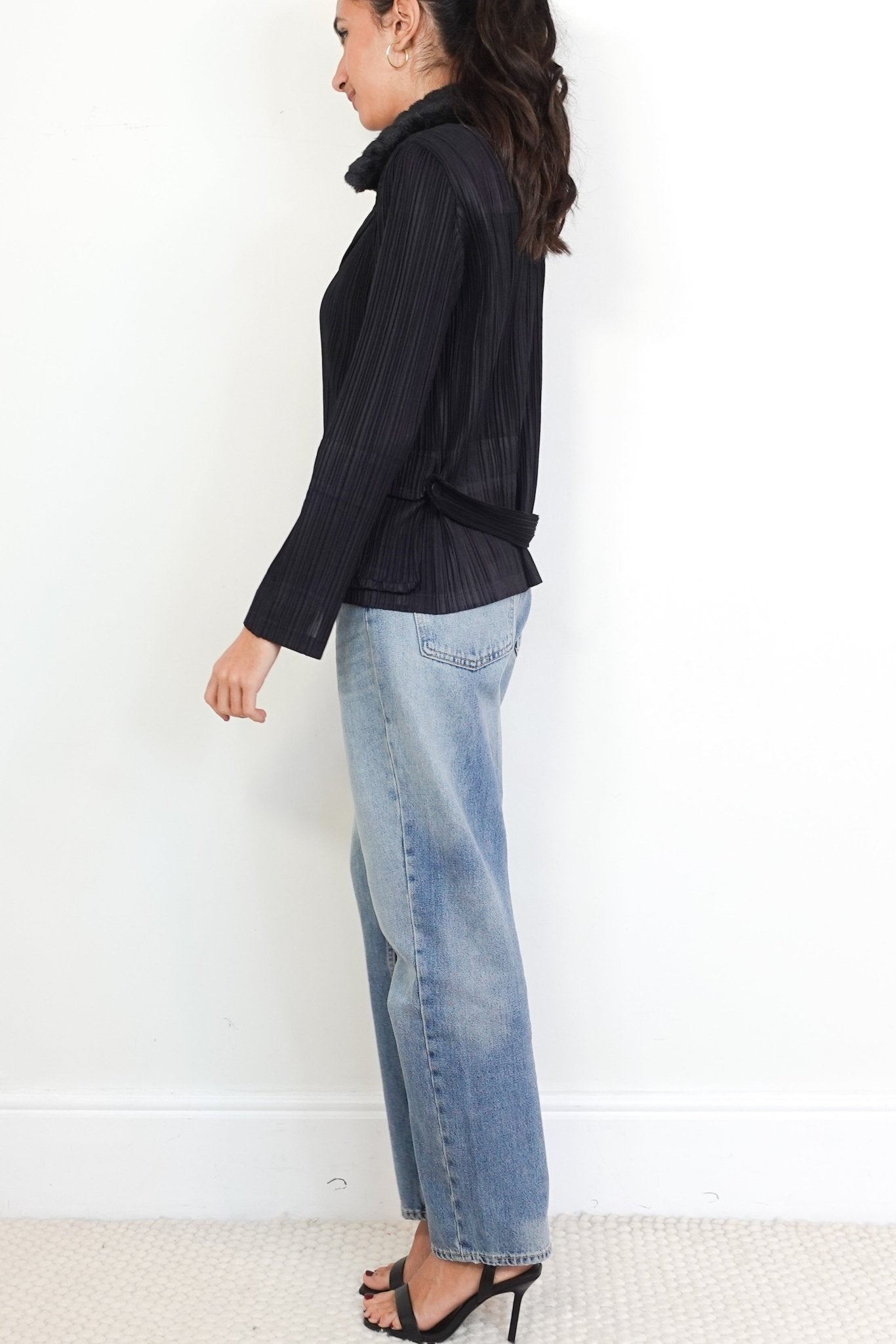 Issey Miyake Pleats Please Black Fur Collar Jacket RRP £550| Authentic Preloved - Reloved Again