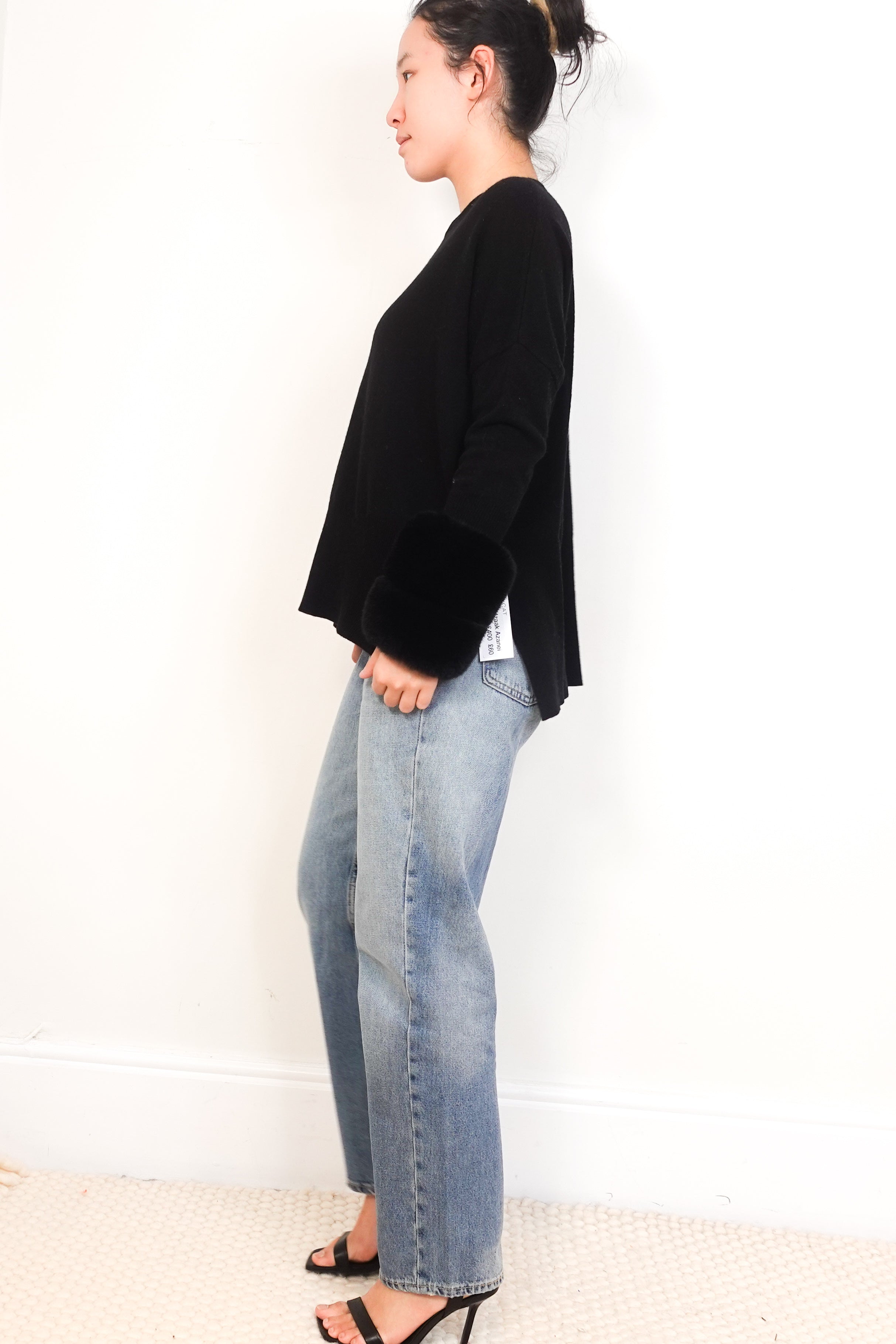 Izaak-Azanei-Black-Fur-Cuff-Wool-Jumper-side-picture-Chelsea-London