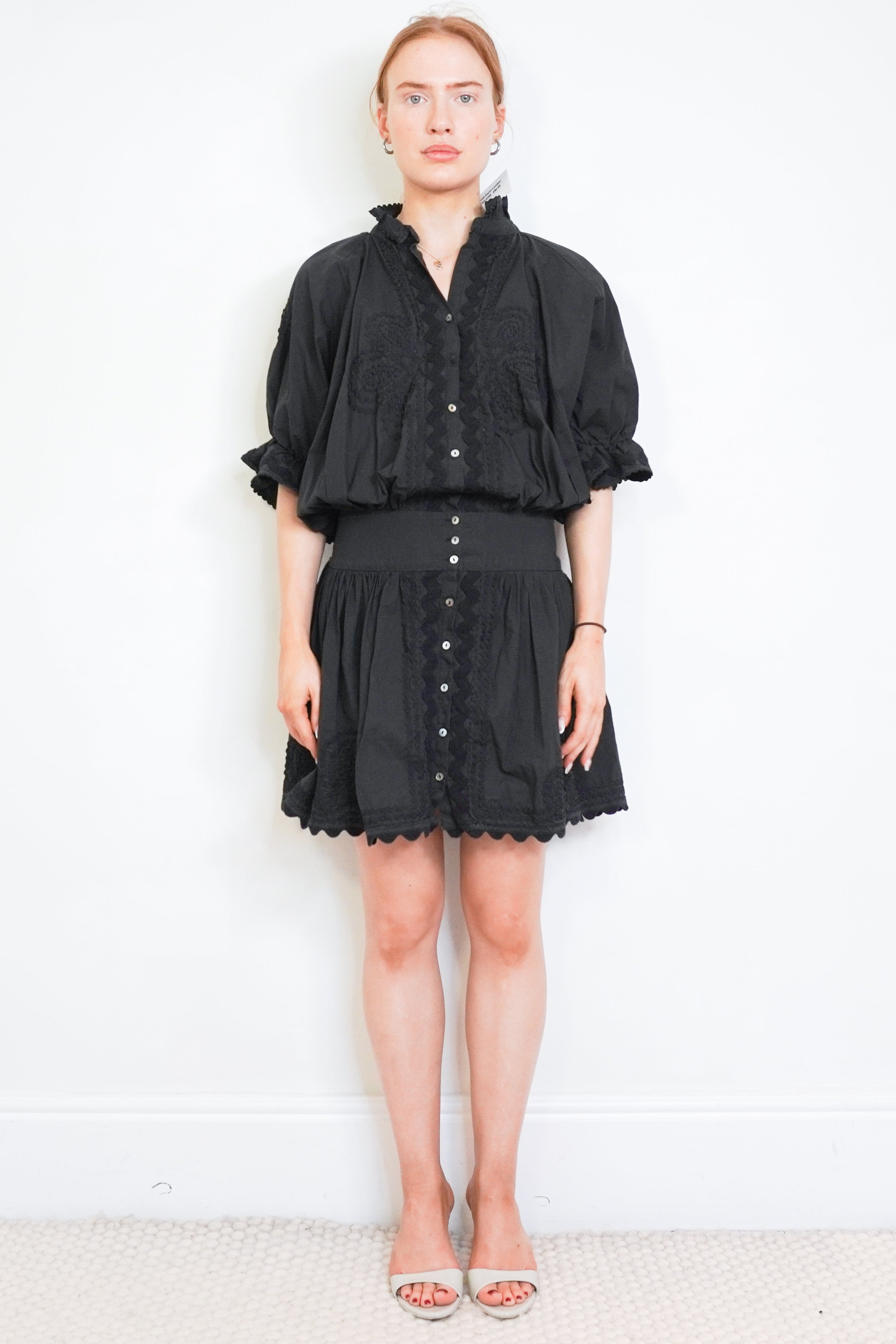 Juliet Dunn Black Embroidered Cotton Mini Dress front photo chelsea london
