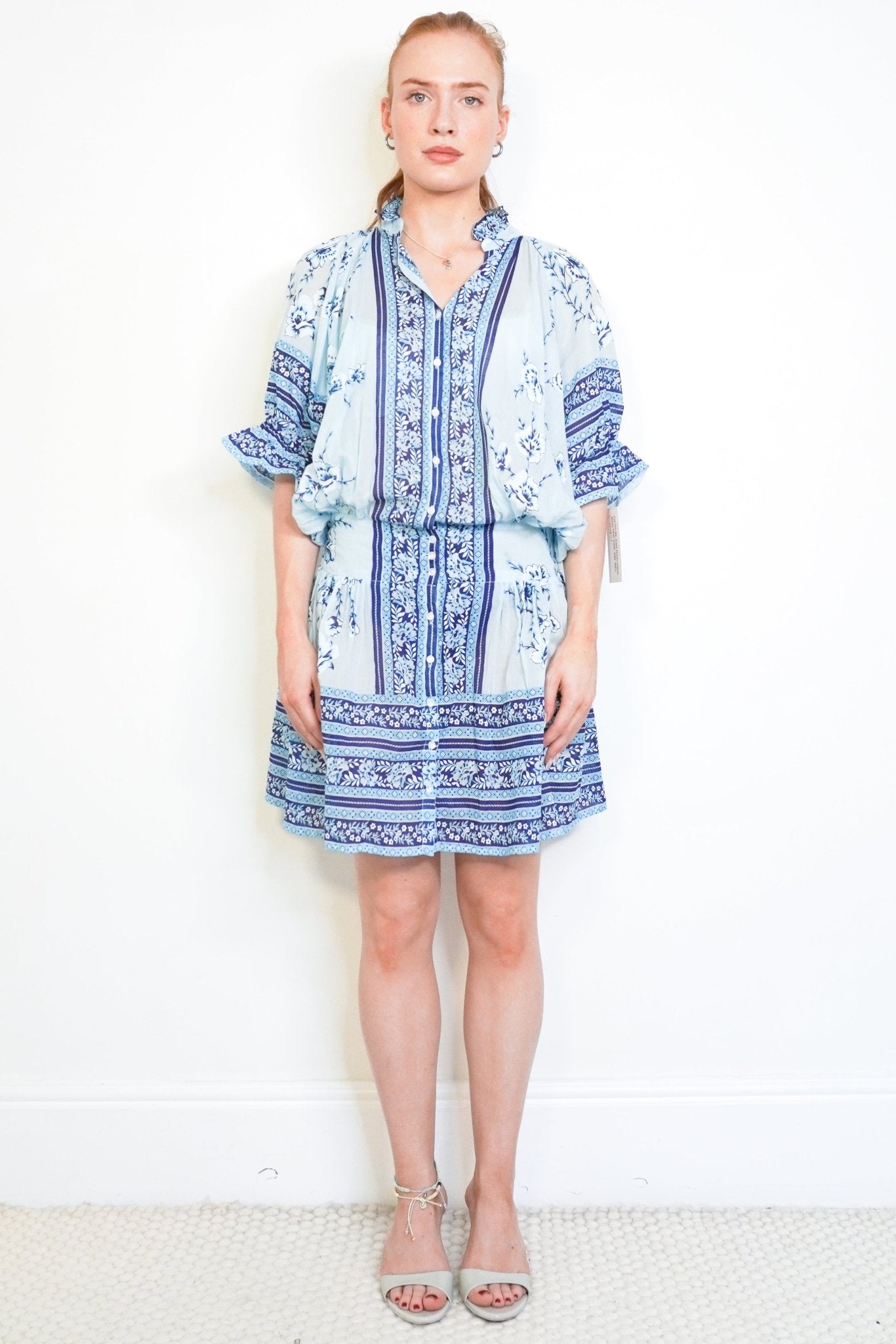 juliet dunn blue dress Floral scalloped cotton minidress in blue - Juliet Dunn